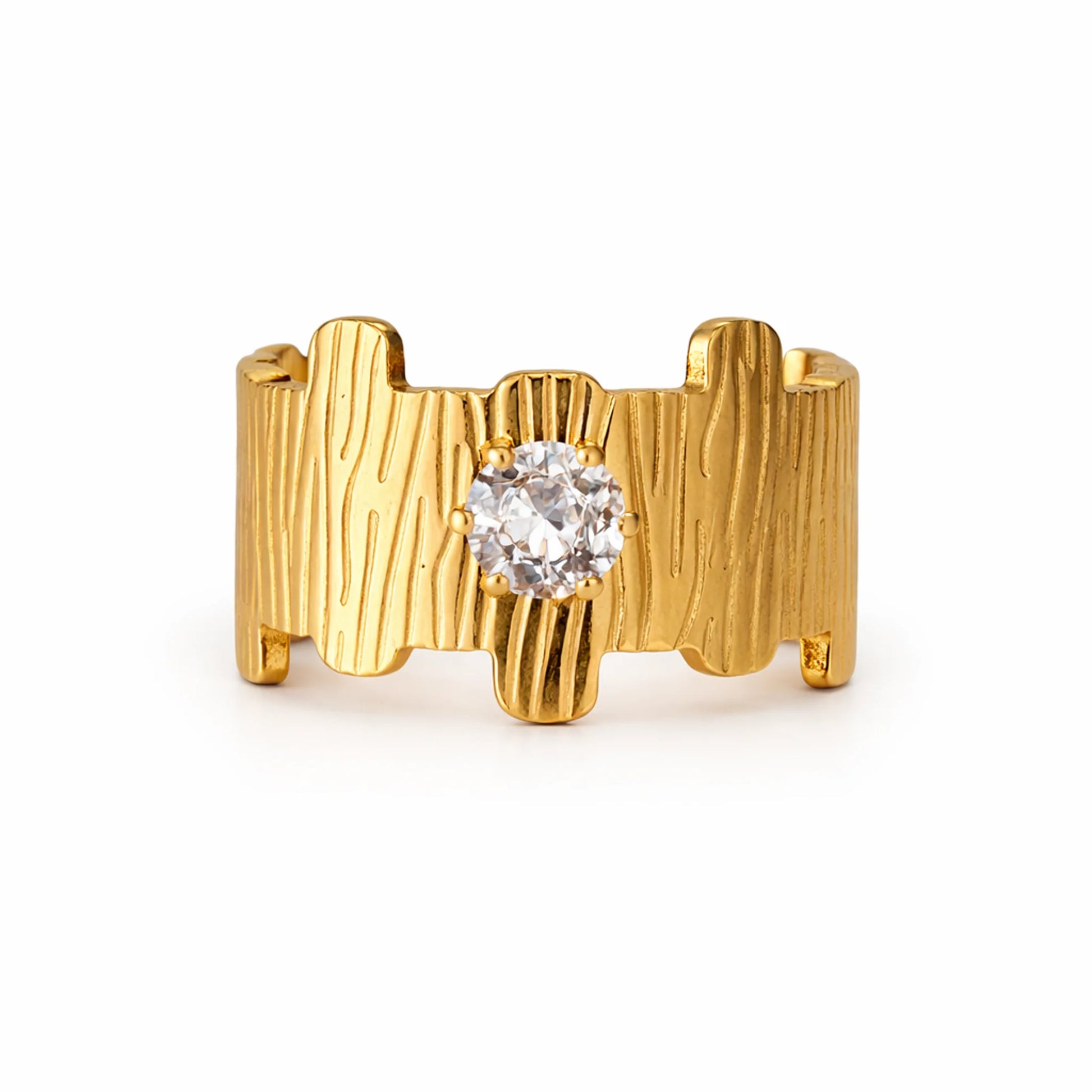 gold plated ring with a textured wide band and round solitaire stone, front view on a white background