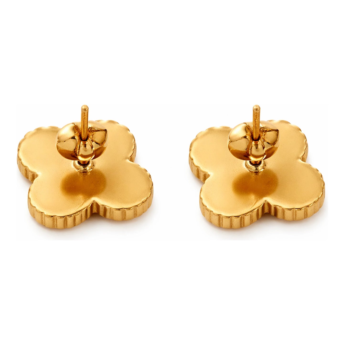 Pair of gold clover-shaped earrings on a white background