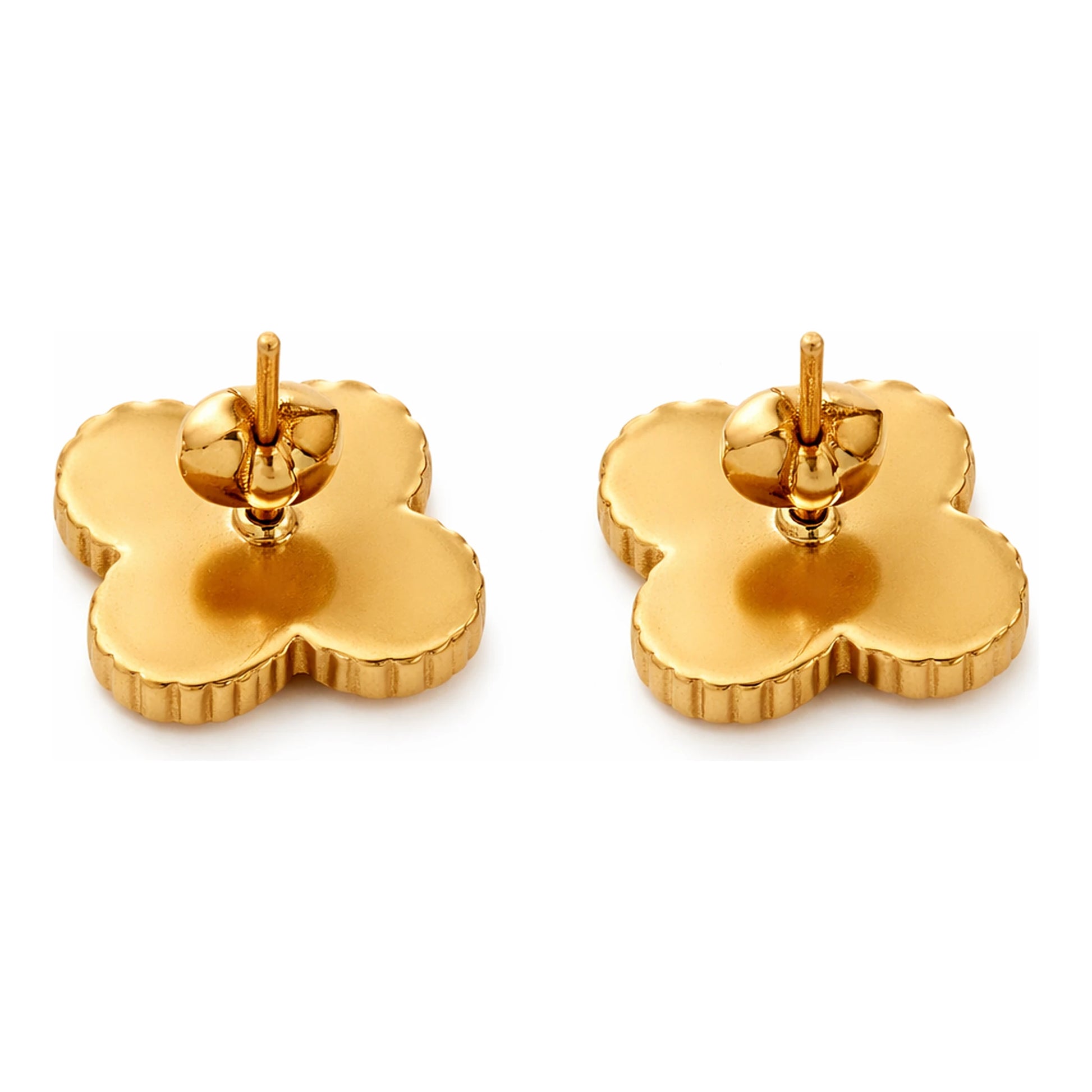 Pair of gold clover-shaped earrings on a white background