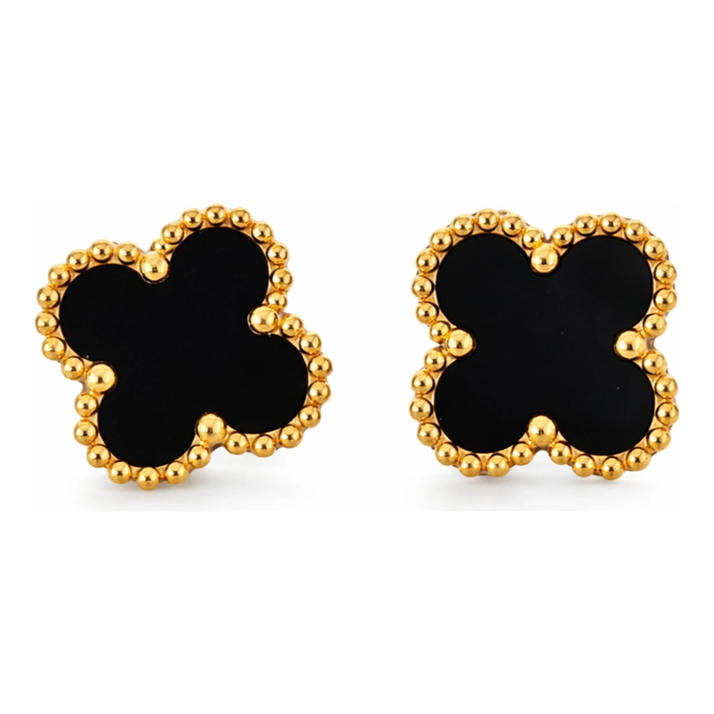 Pair of black clover-shaped earrings with gold borders on a white background