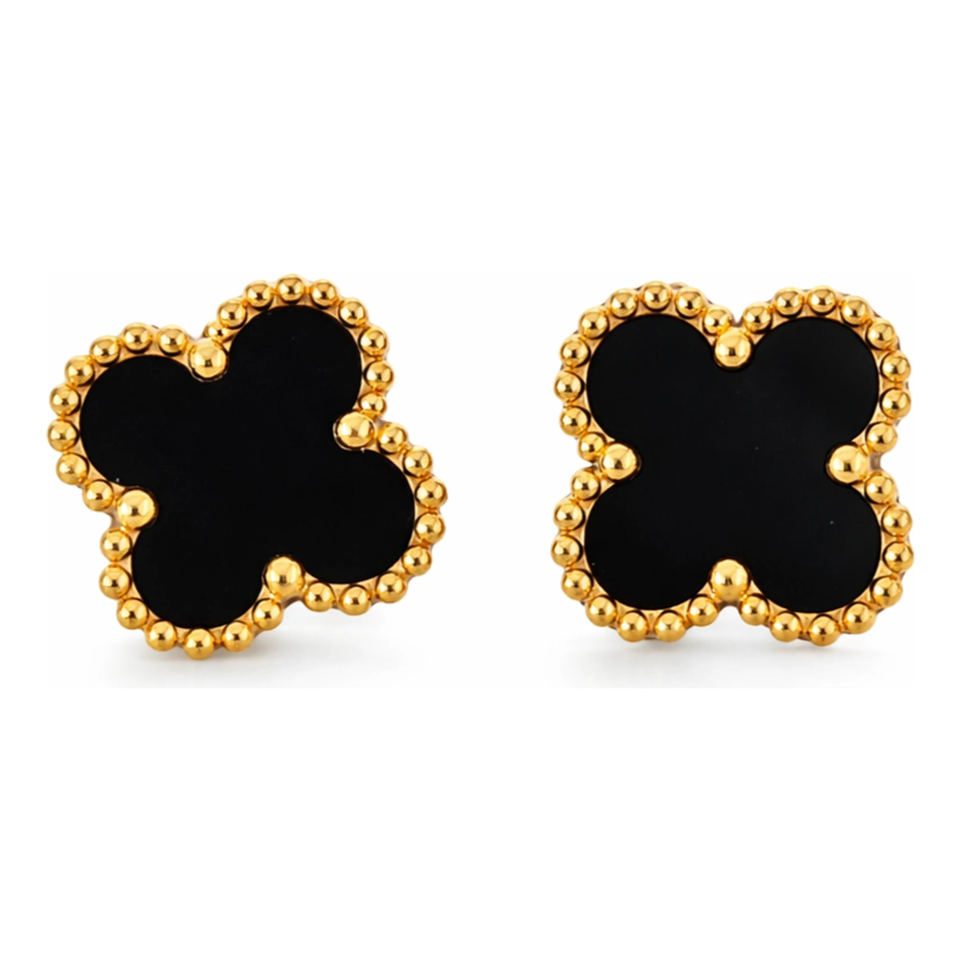 Pair of black clover-shaped earrings with gold borders on a white background