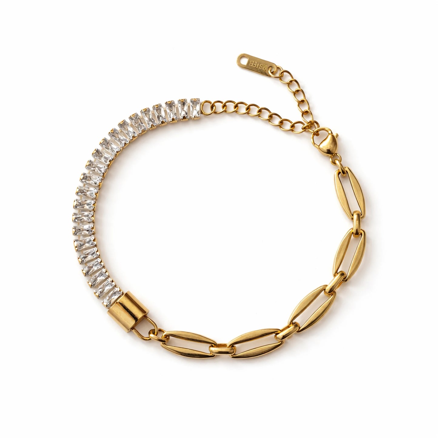 Gold bracelet with crystal accents on a white background