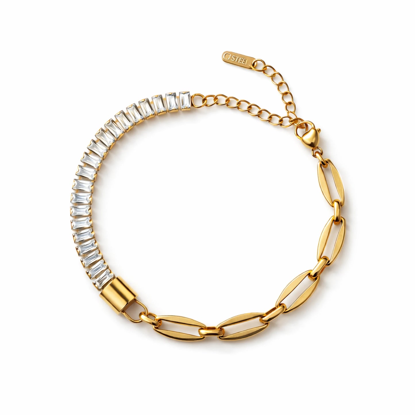 Gold bracelet with clear gemstones on a white background