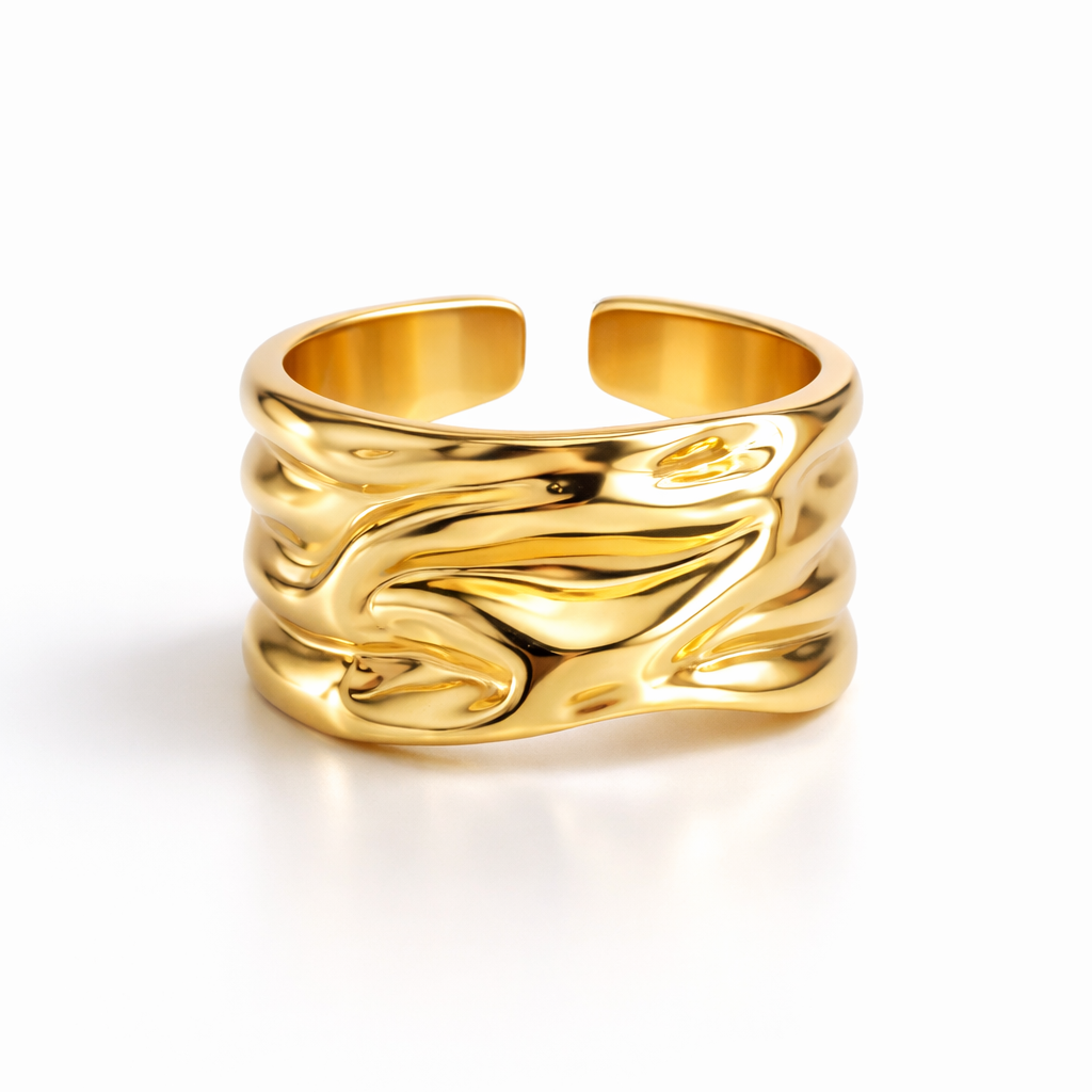 YUBIRAA molten texture gold ring with sculpted organic design, 18k gold plated anti-tarnish finish