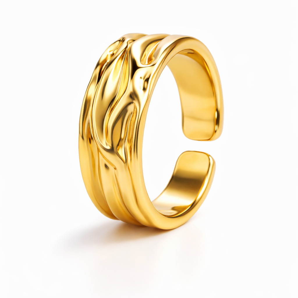 YUBIRAA molten texture gold ring highlighting organic curves and high-polish finish