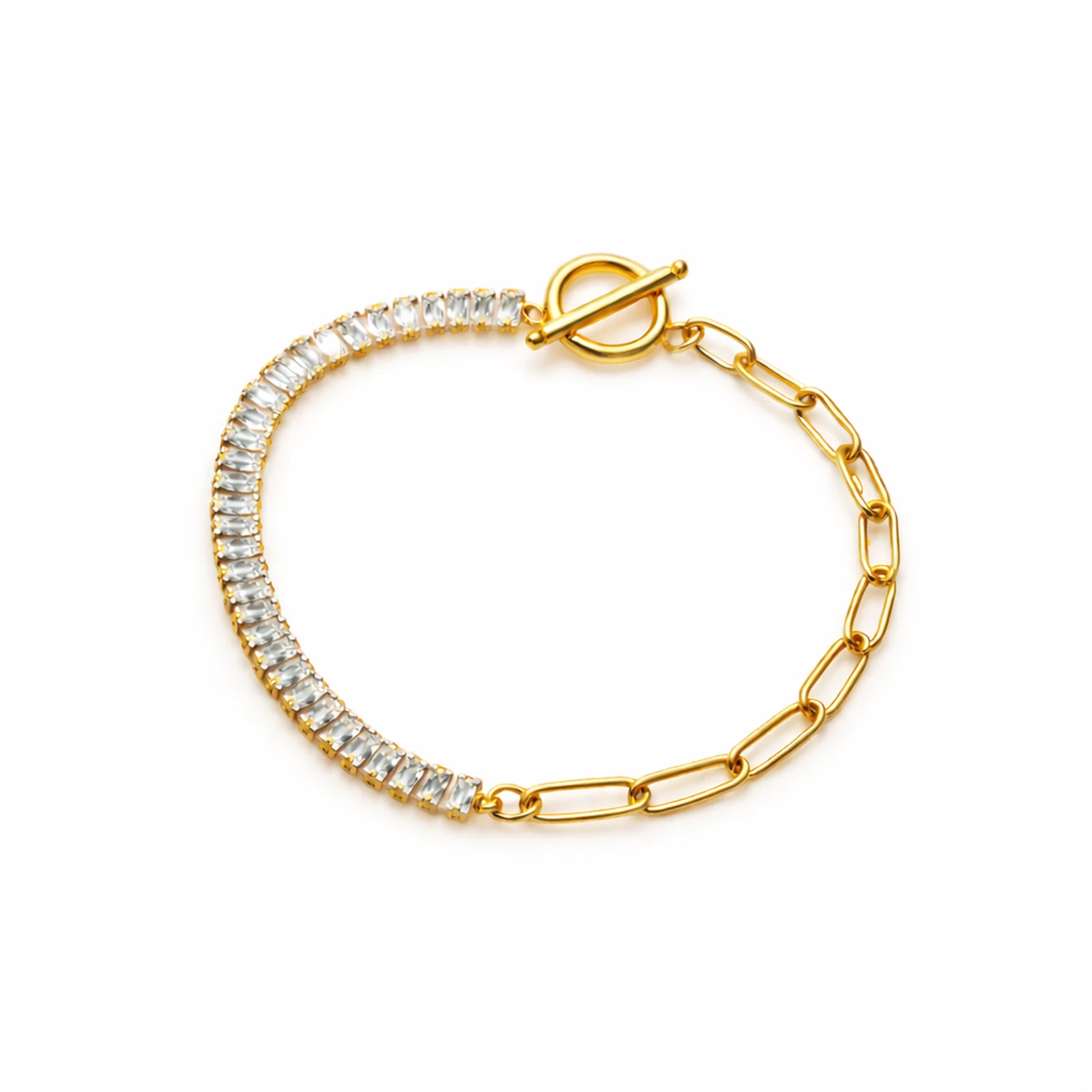 Gold bracelet with clear gemstones on a white background
