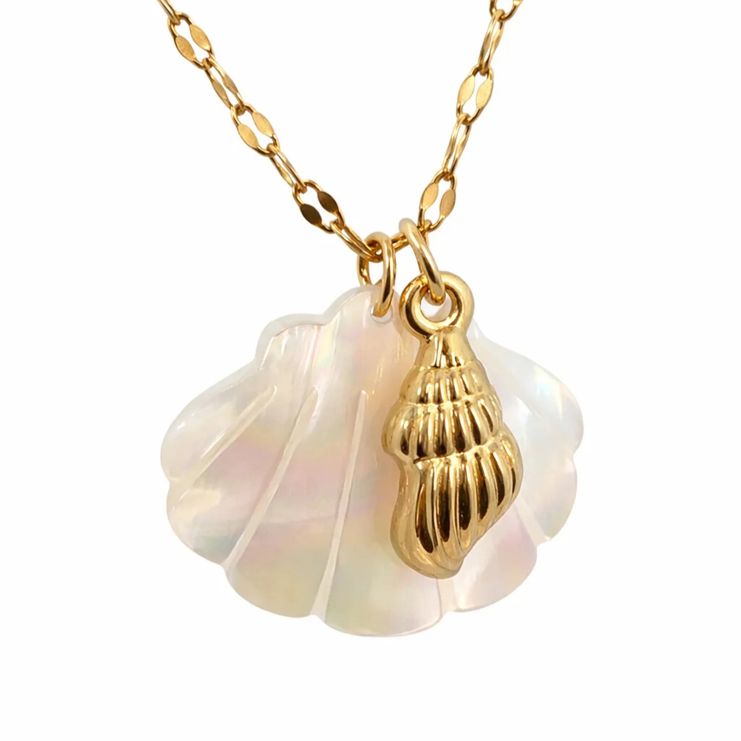 Close-up of mother of pearl shell pendant necklace with gold seashell charm and delicate chain