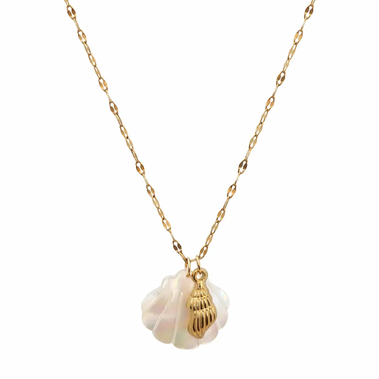 Minimal gold shell pendant necklace with iridescent mother of pearl charm on white background