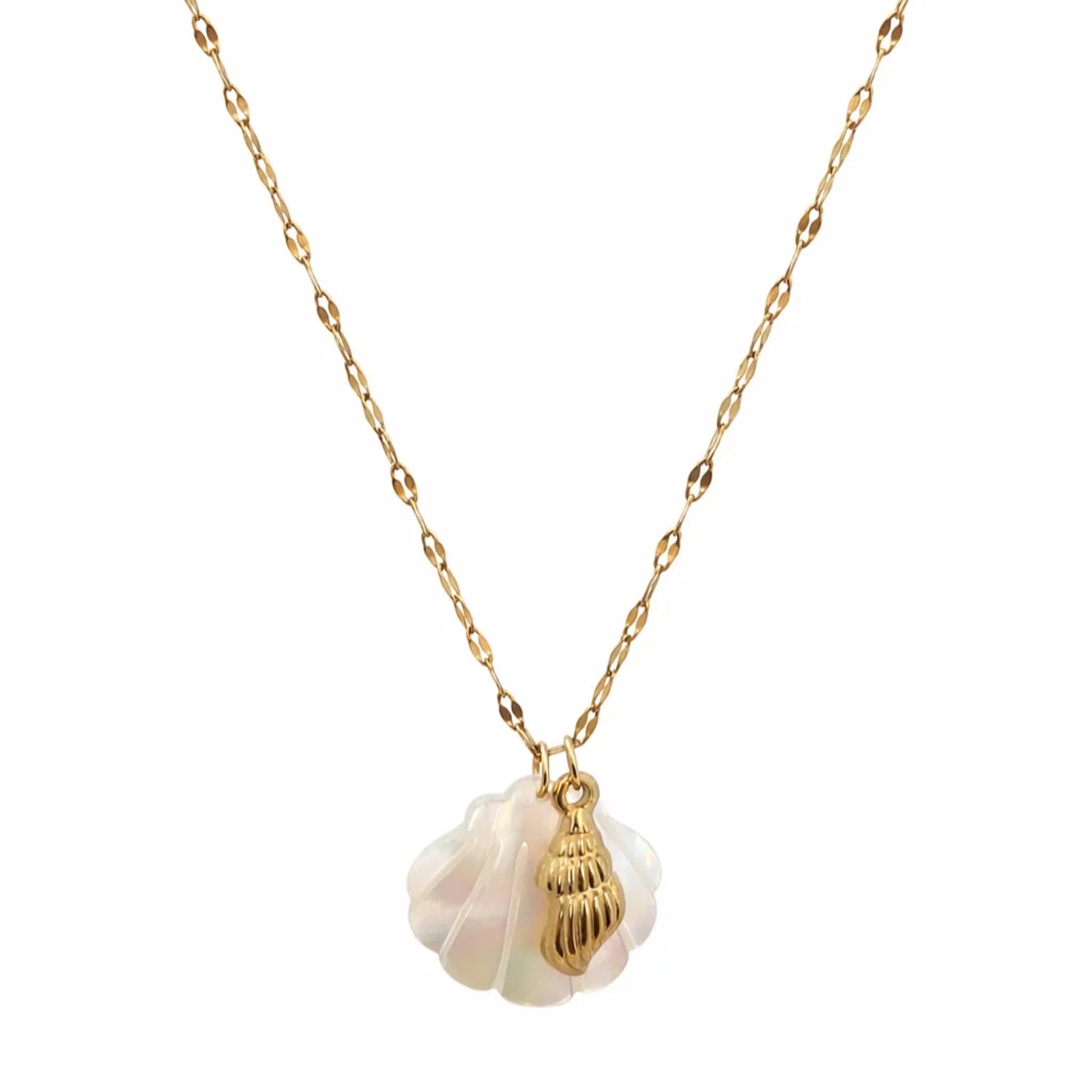 Minimal gold shell pendant necklace with iridescent mother of pearl charm on white background