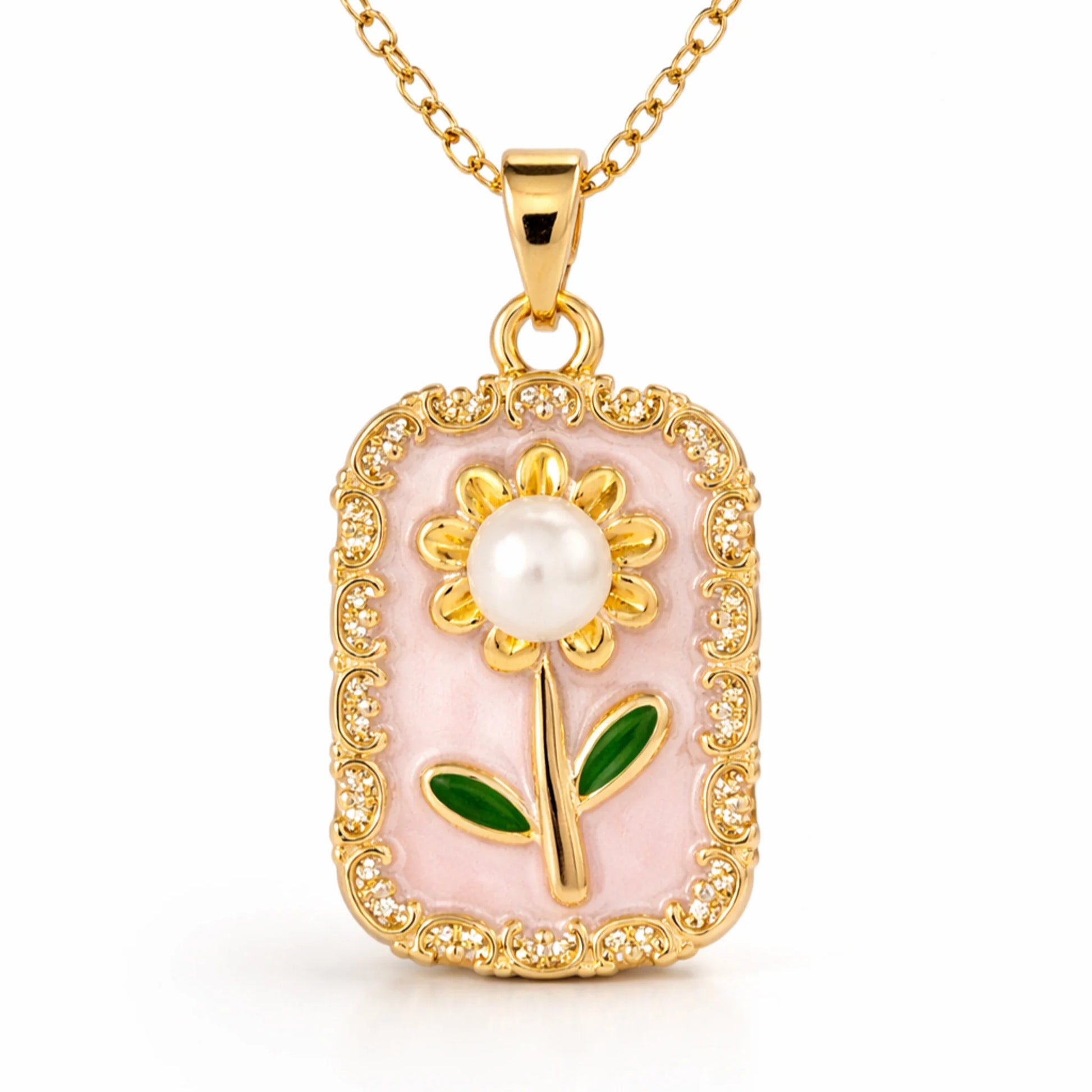 Full view of anti-tarnish gold polish floral pendant necklace with delicate chain displayed on clean white background