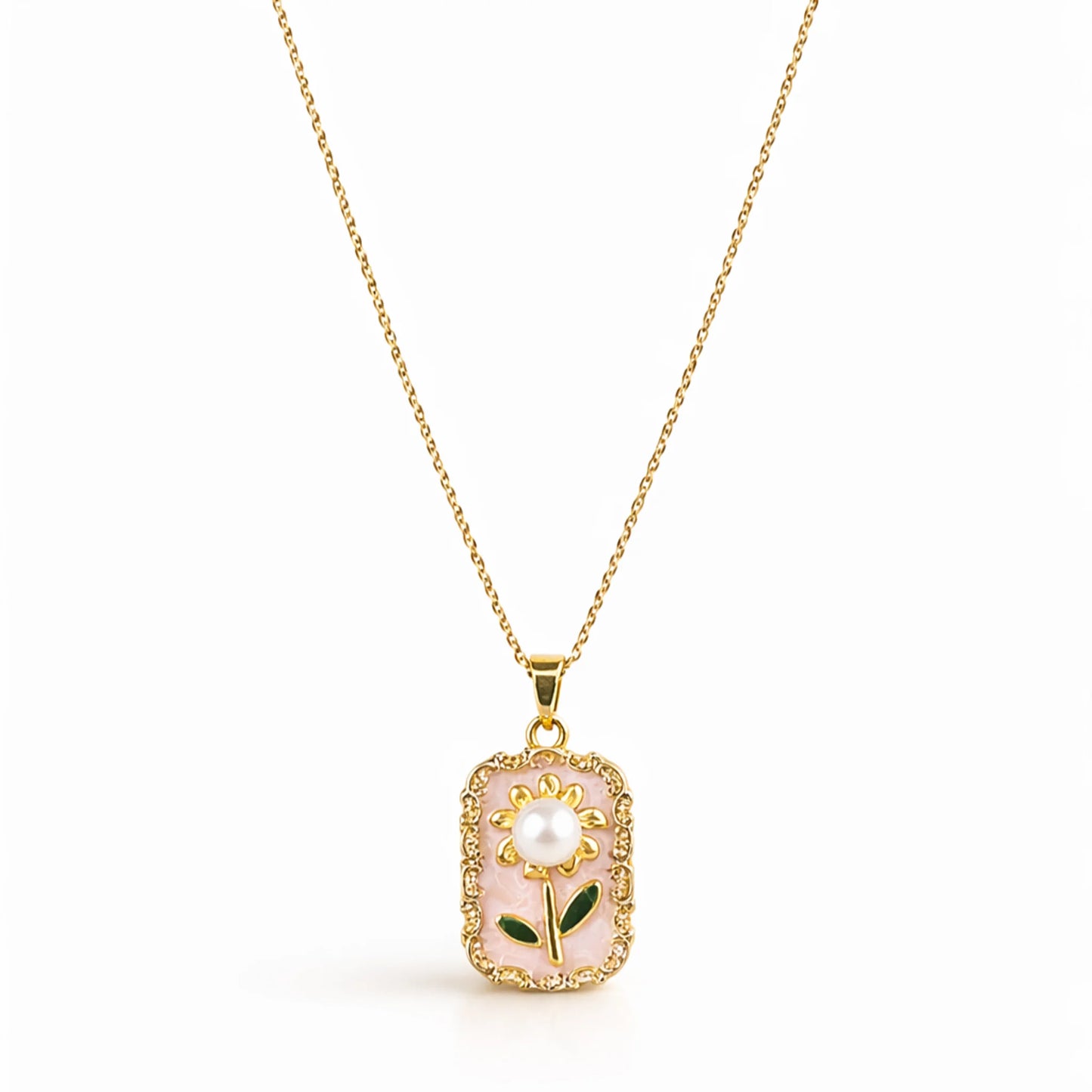 Full view of anti-tarnish gold polish floral pendant necklace with delicate chain displayed on clean white background