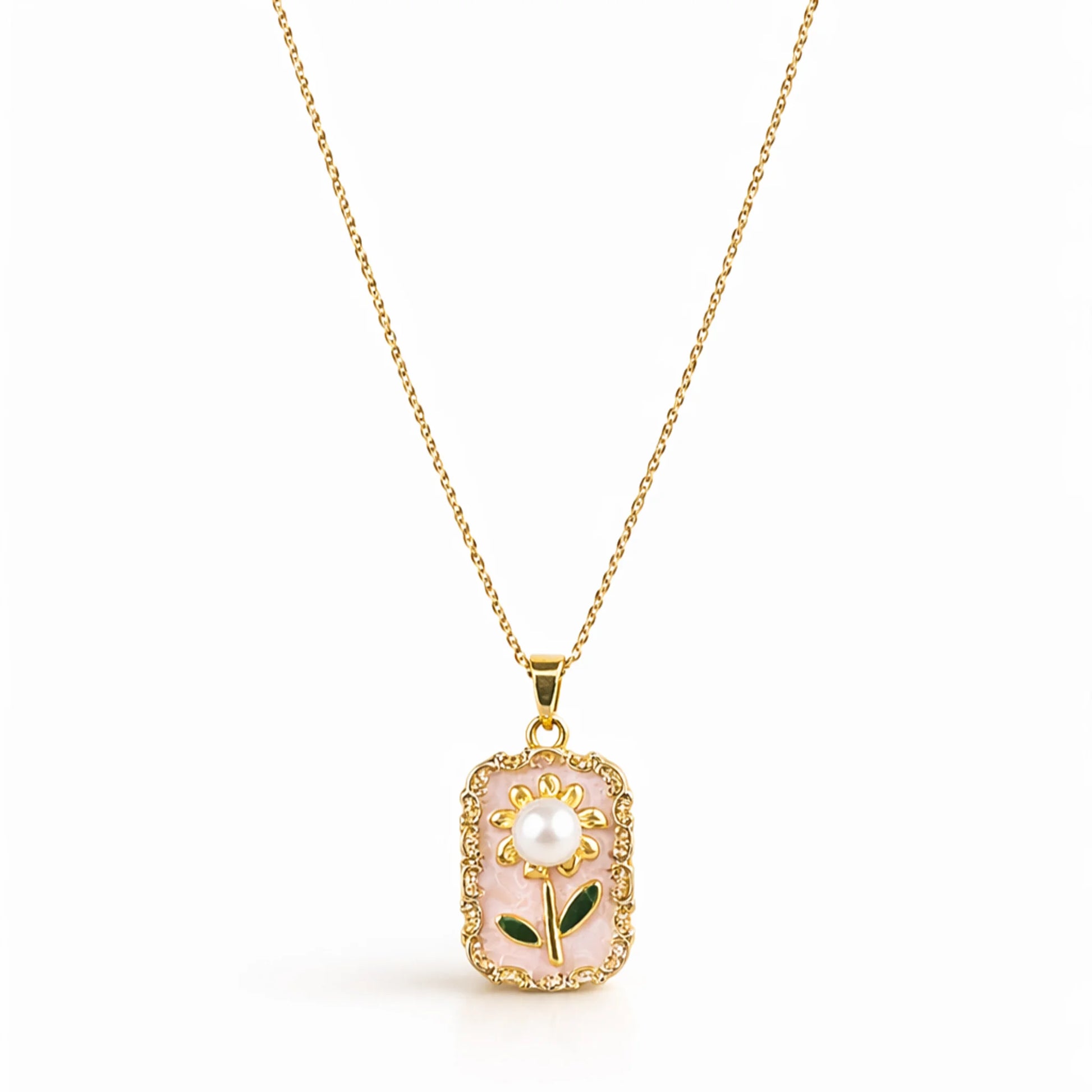 Full view of anti-tarnish gold polish floral pendant necklace with delicate chain displayed on clean white background