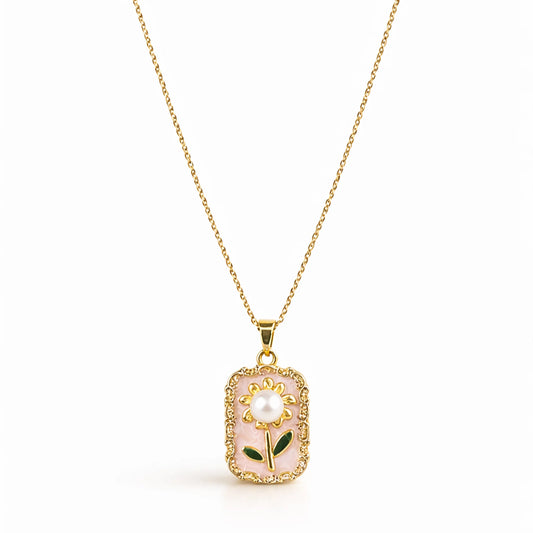 Full view of anti-tarnish gold polish floral pendant necklace with delicate chain displayed on clean white background