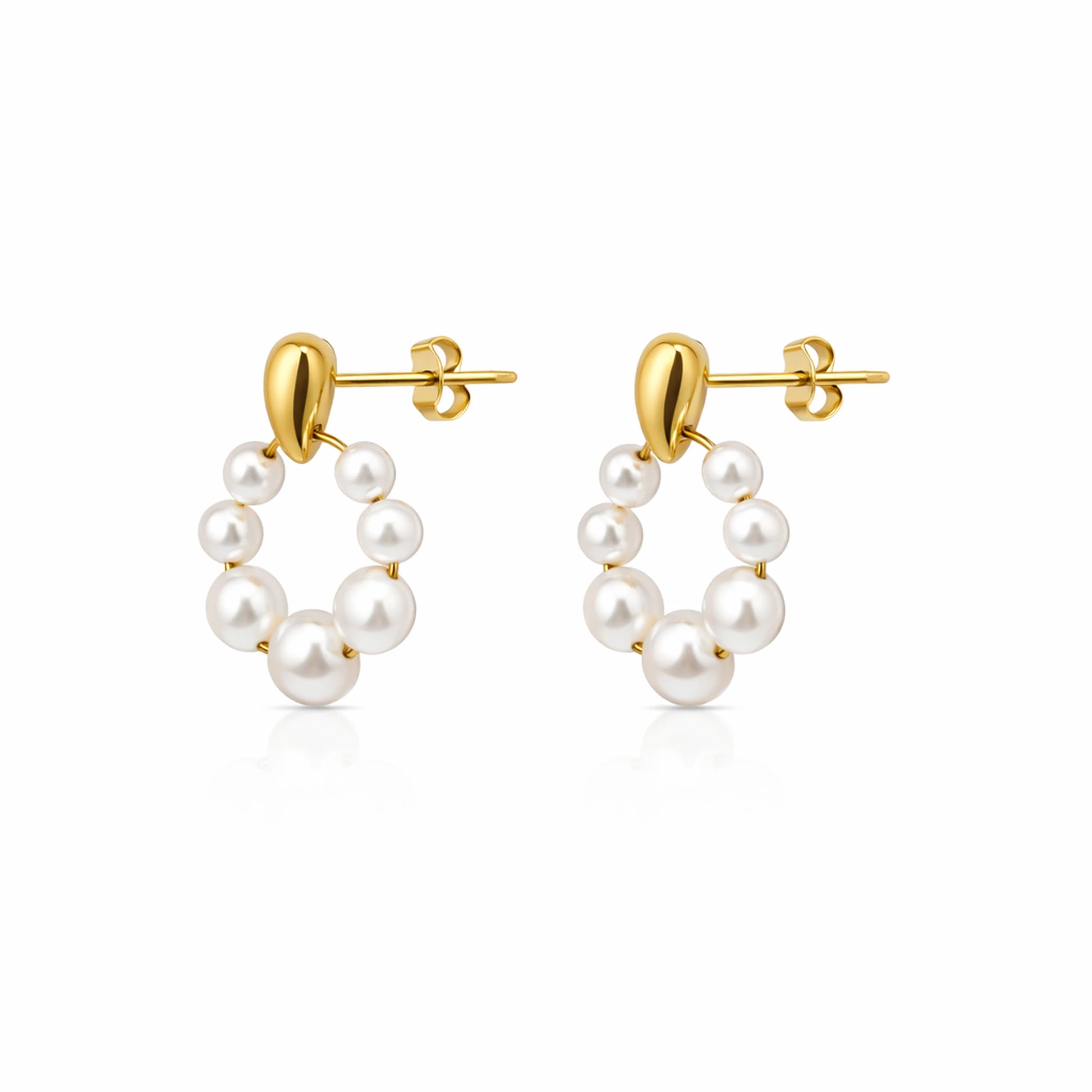 Gold hoop earrings with pearl beads on a white background