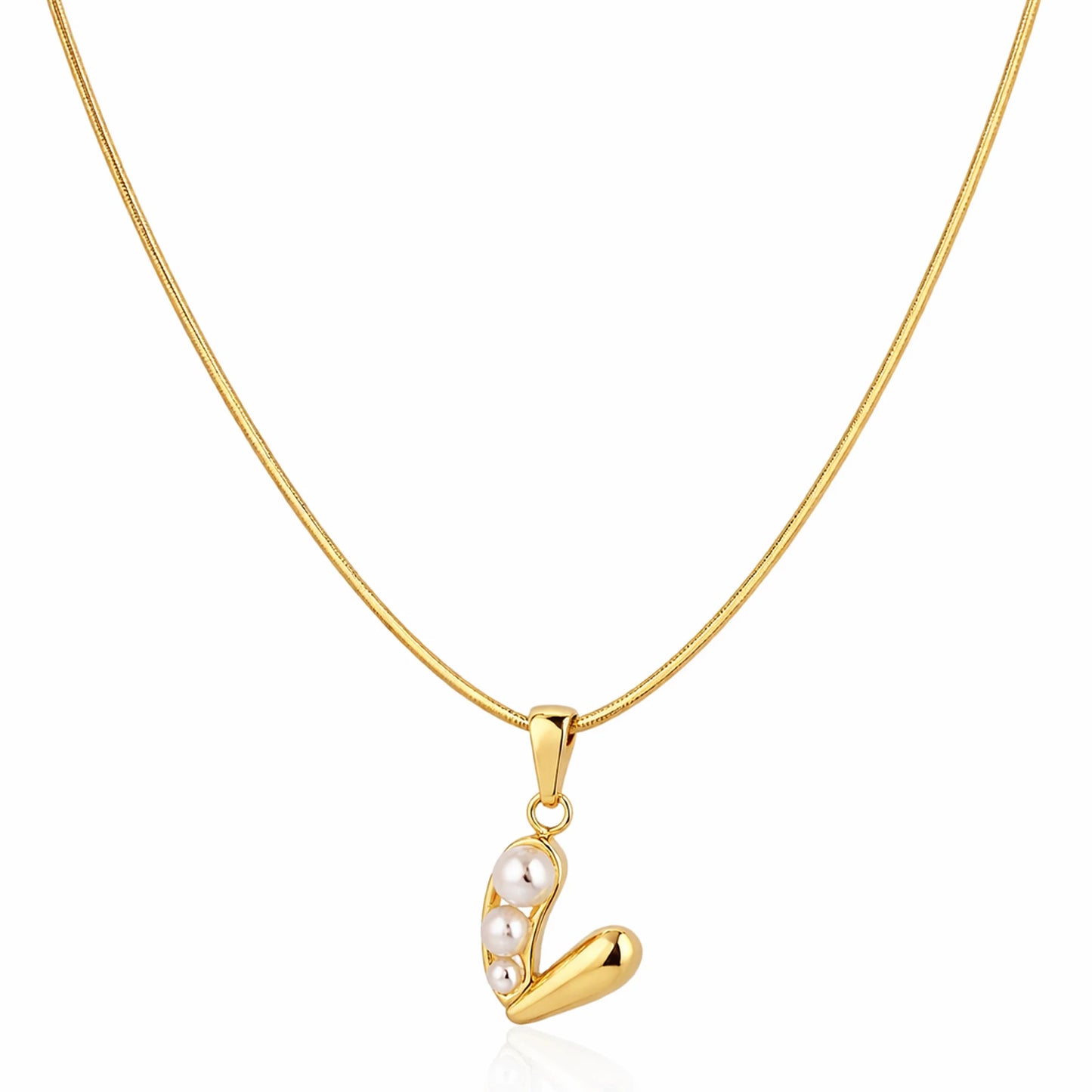 Gold necklace with a v shaped pendant on a white background