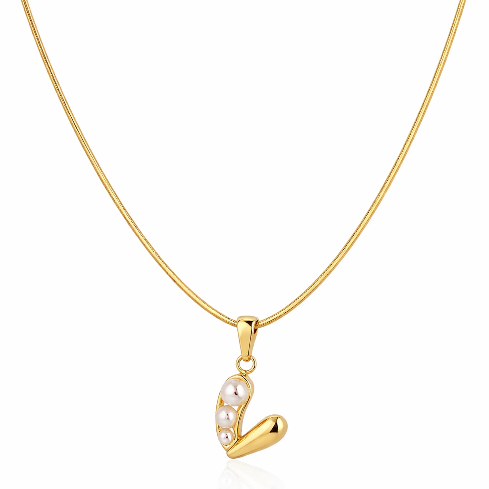 Gold necklace with a v shaped pendant on a white background