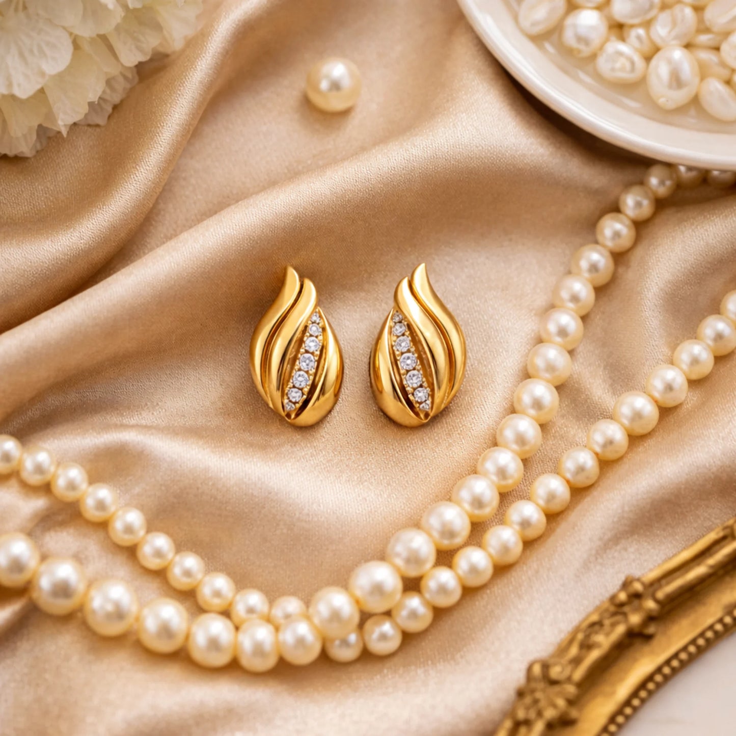 Petal Glow gold earrings styled on satin fabric with pearl accents