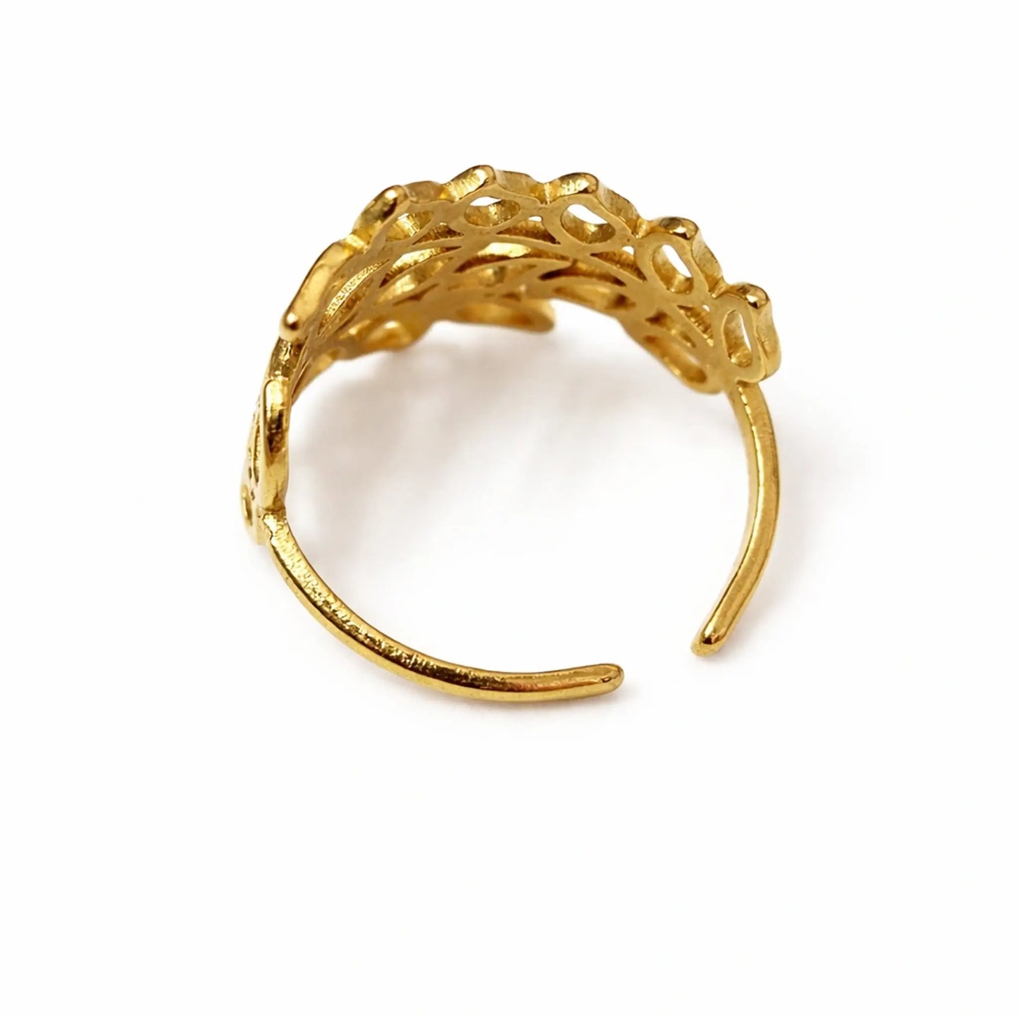 Back view of gold leaf ring featuring open adjustable band and layered leaf detailing – yubiraa