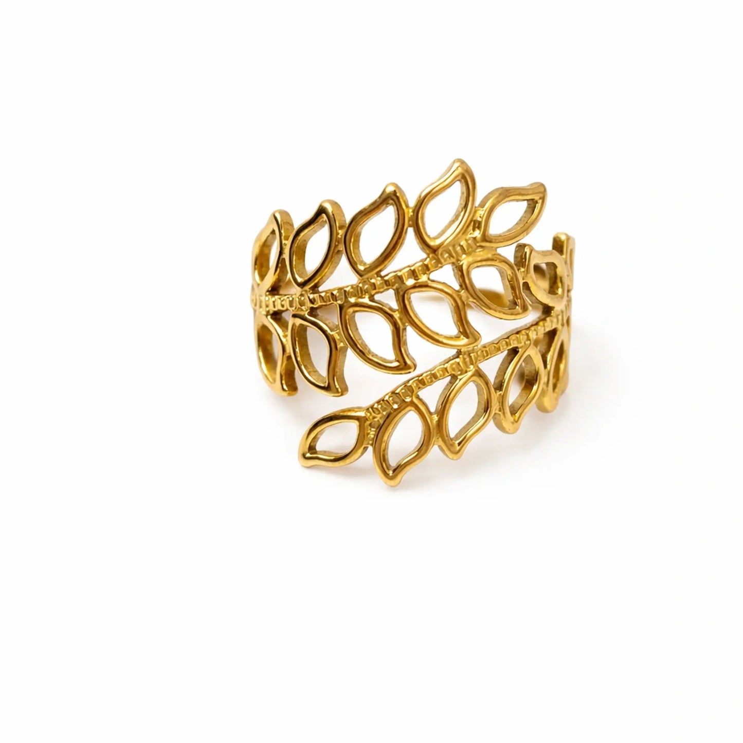 Angled view of gold leaf ring with sculpted petal pattern and smooth gold shine – yubiraa