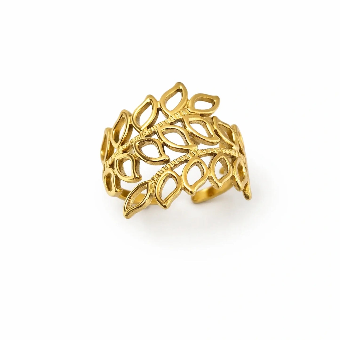 Gold leaf band ring with open petal design and polished finish on white background – yubiraa