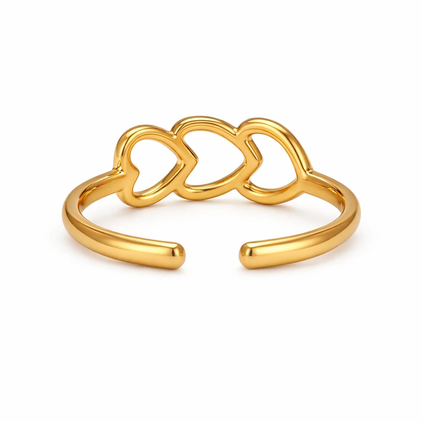 Back view of YUBIRAA adjustable gold triple heart ring with open band for flexible sizing