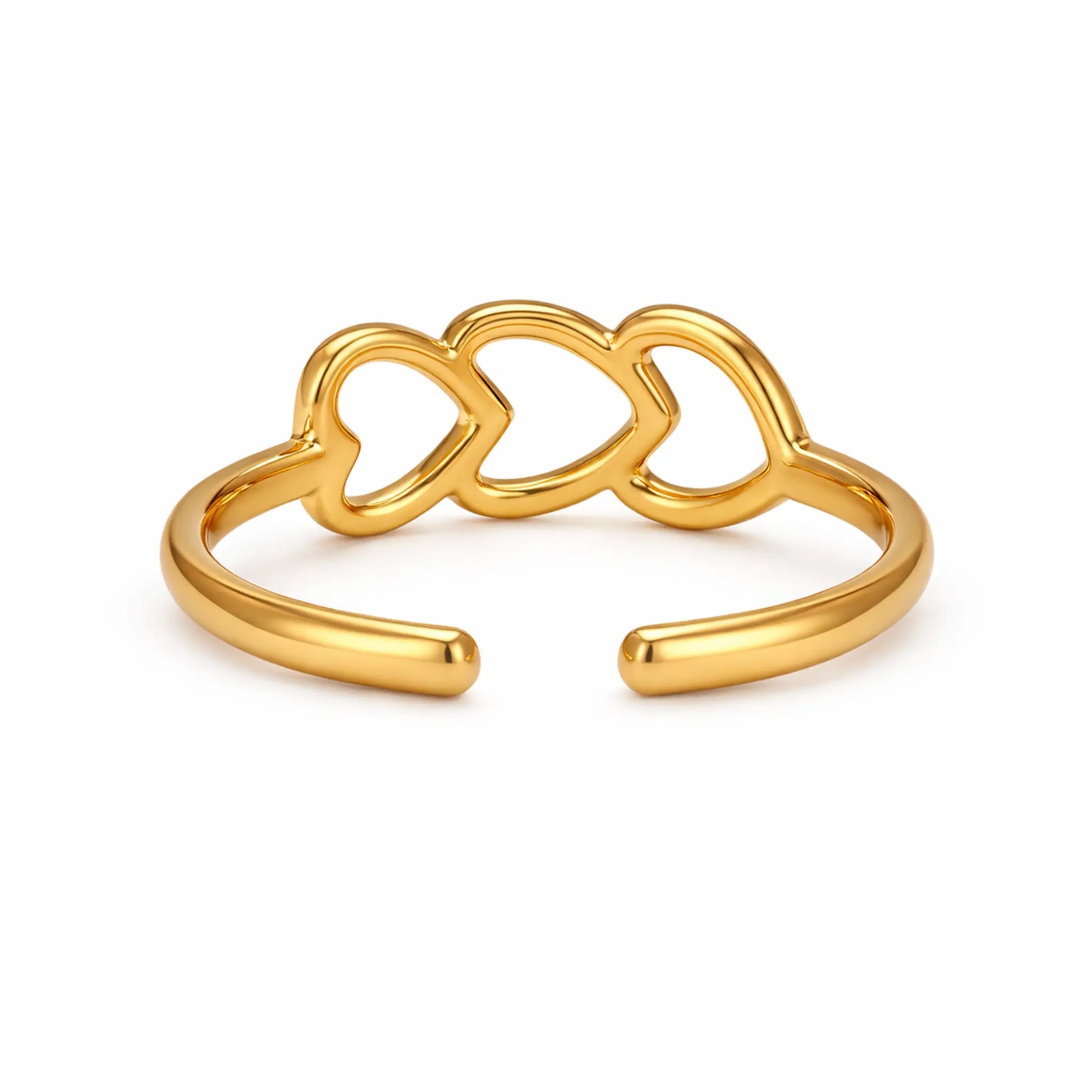 Back view of YUBIRAA adjustable gold triple heart ring with open band for flexible sizing