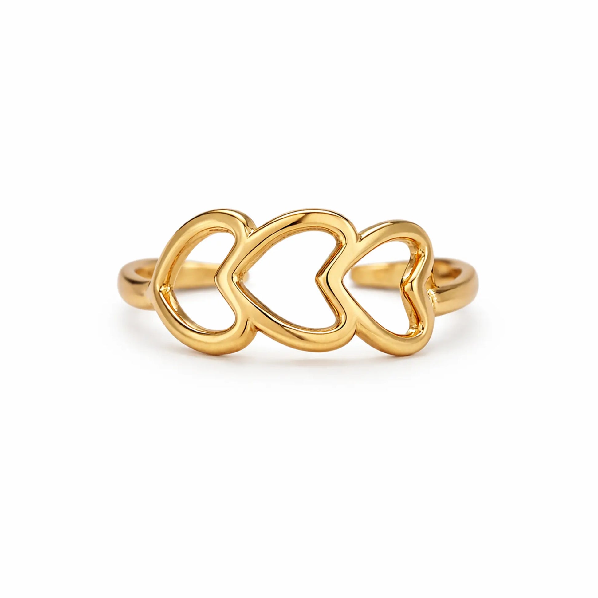 YUBIRAA adjustable triple heart gold ring with open heart design, 18k gold plated anti-tarnish finish