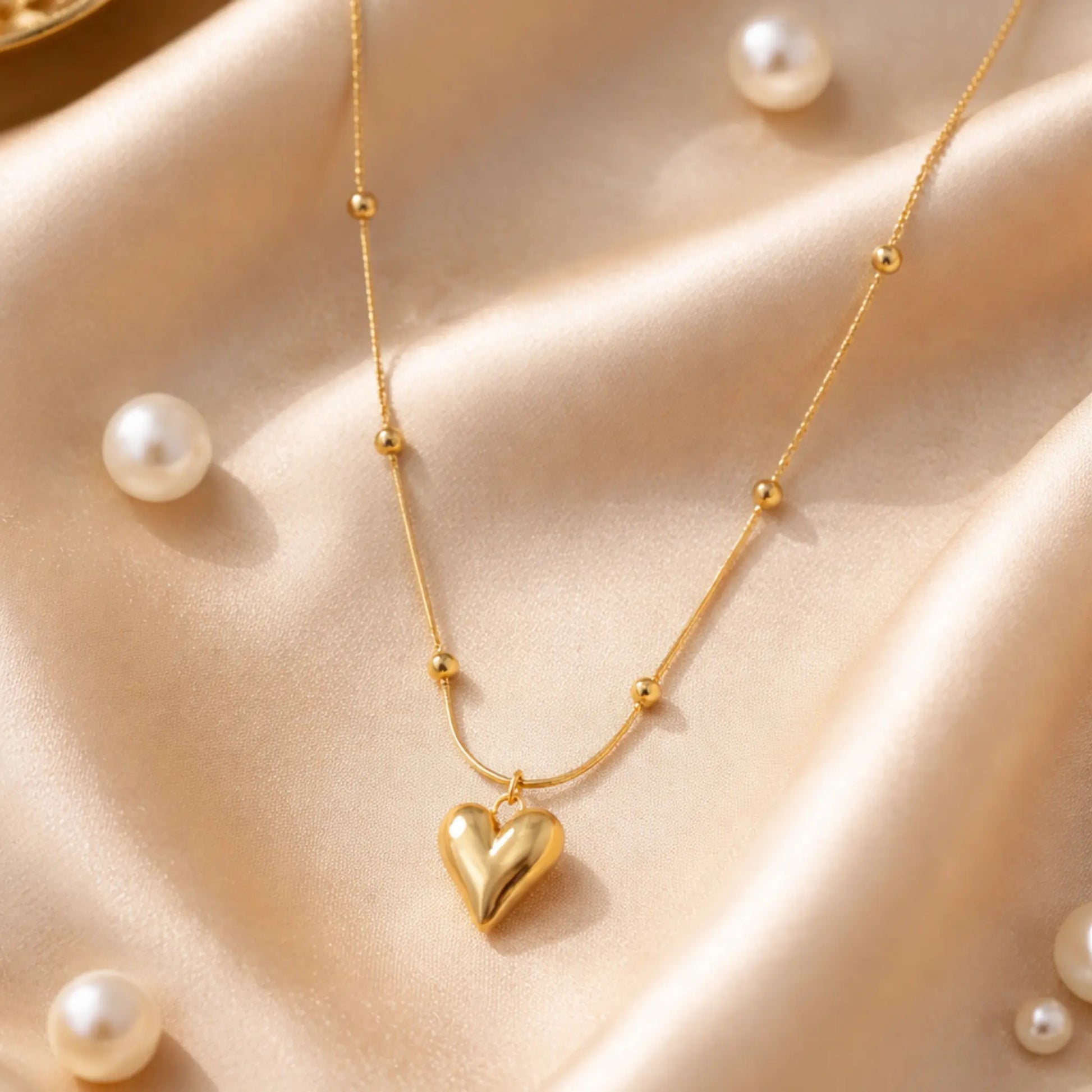 Gold heart necklace styled on satin fabric with pearls, elegant minimal jewelry aesthetic