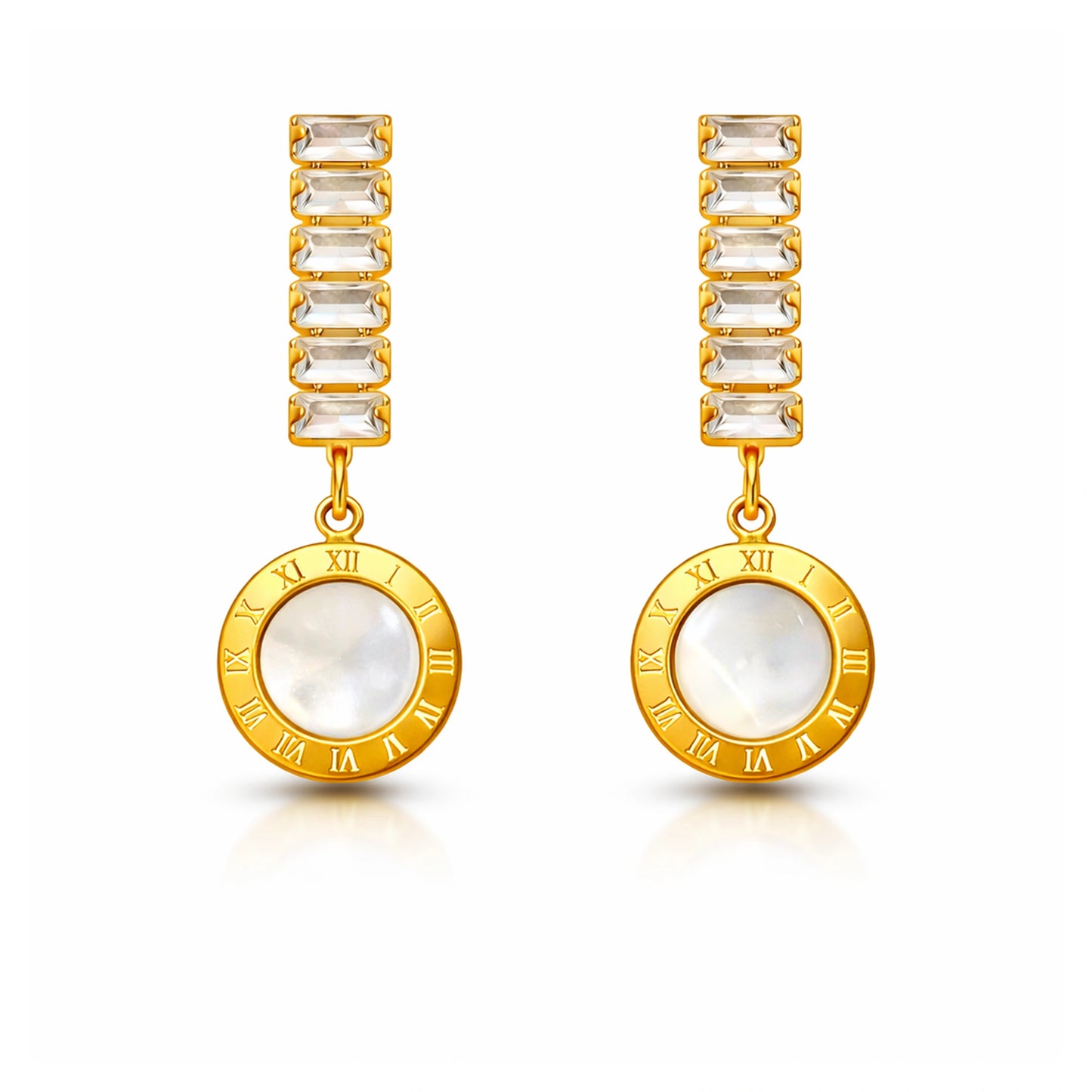 Gold earrings with clear gemstones and roman numbers