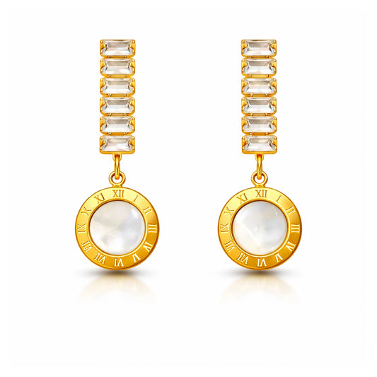 Gold earrings with clear gemstones and roman numbers