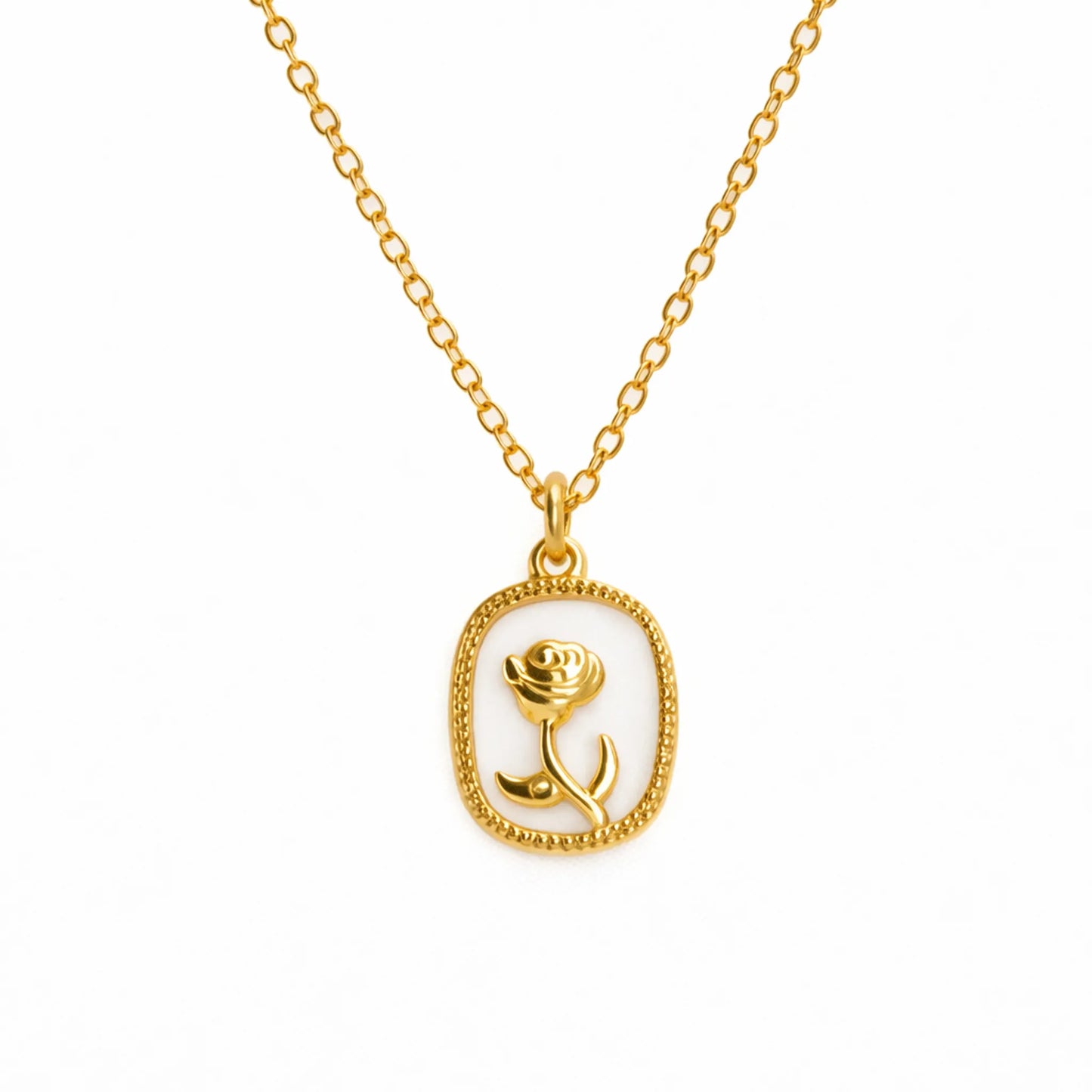 Gold necklace with a rose pendant on a white background