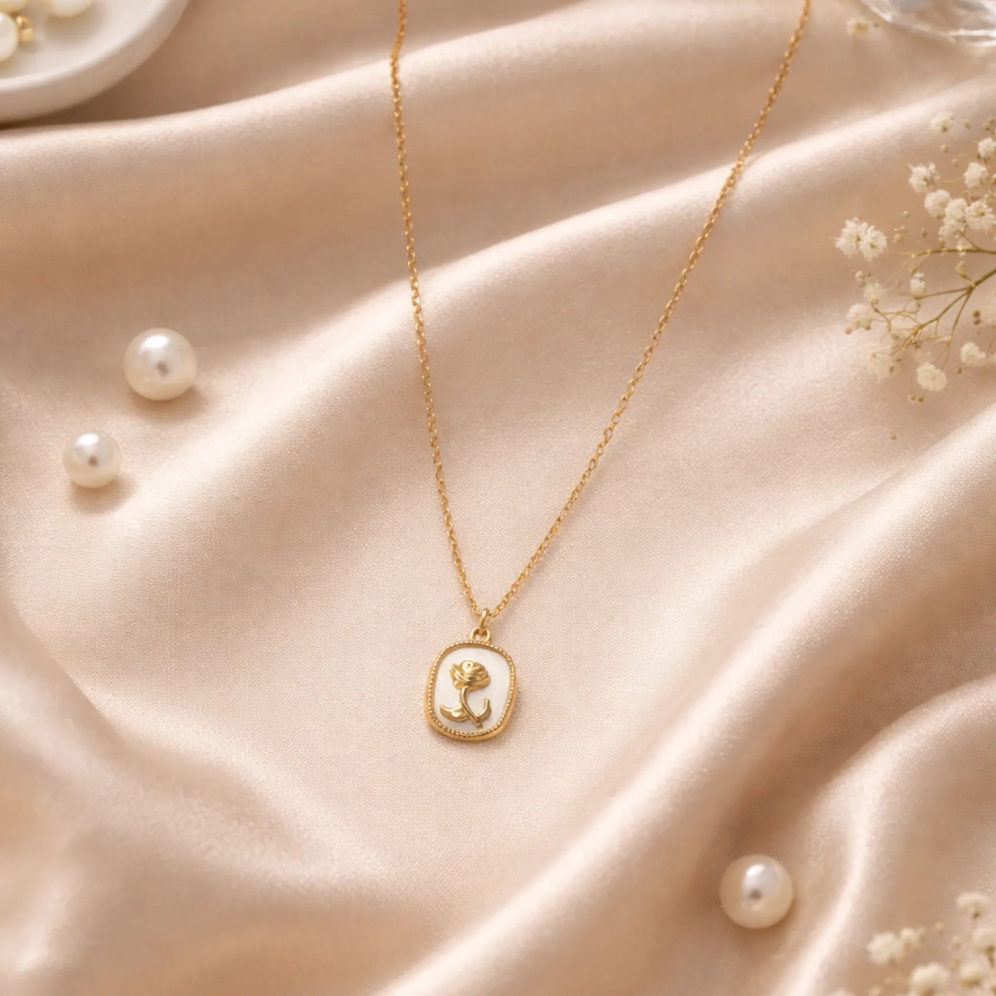 YUBIRAA rose pendant necklace on satin fabric with pearls, elegant anti tarnish gold jewellery for gifting