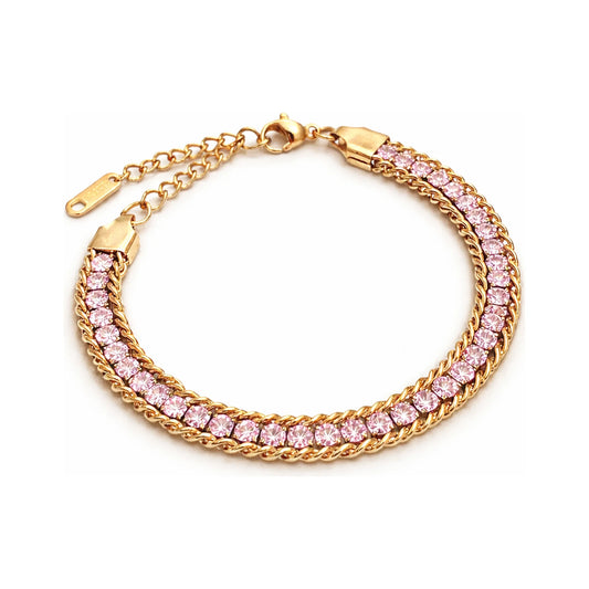 anti tarnish Gold plated bracelet with pink gemstones on a white background