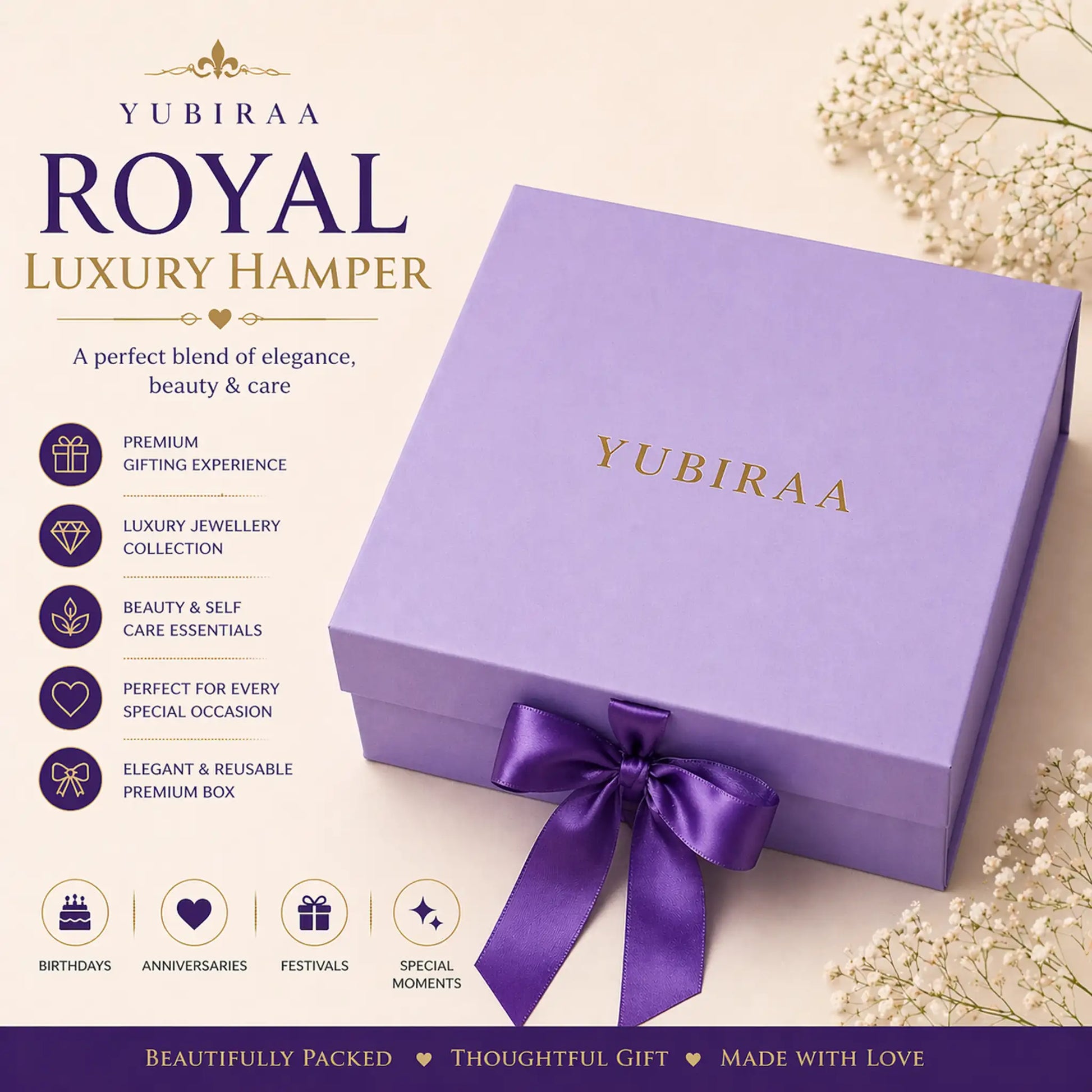 Purple luxury hamper box with YUBIRAA branding on a light background