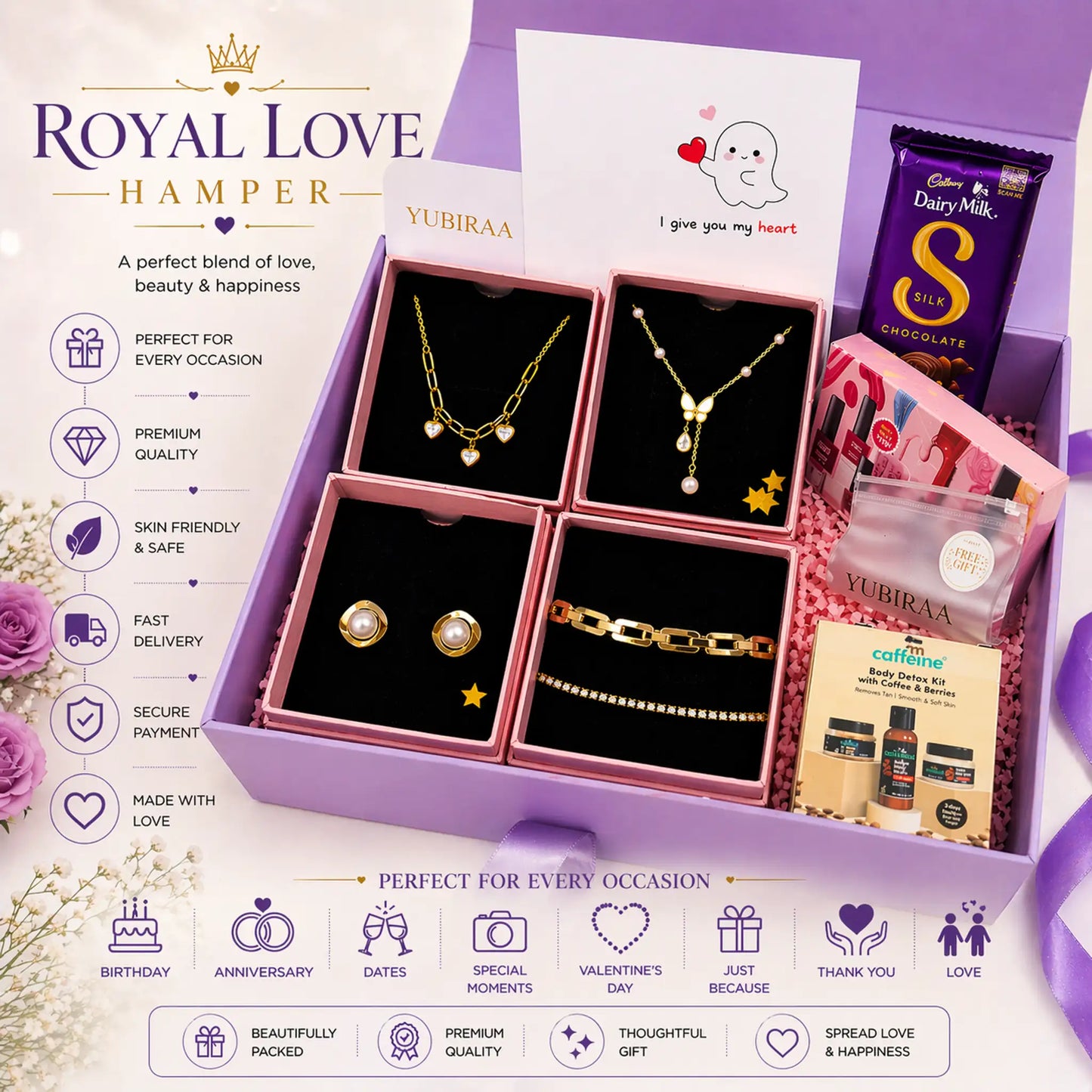 Royal Love Hamper with jewelry and chocolate on a purple background