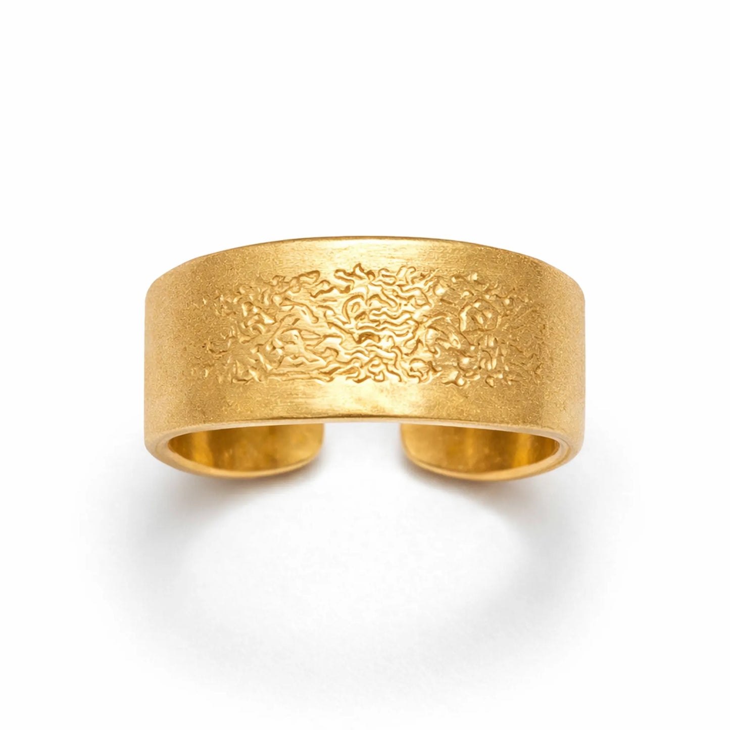 Gold textured adjustable band ring with wide hammered finish on white background