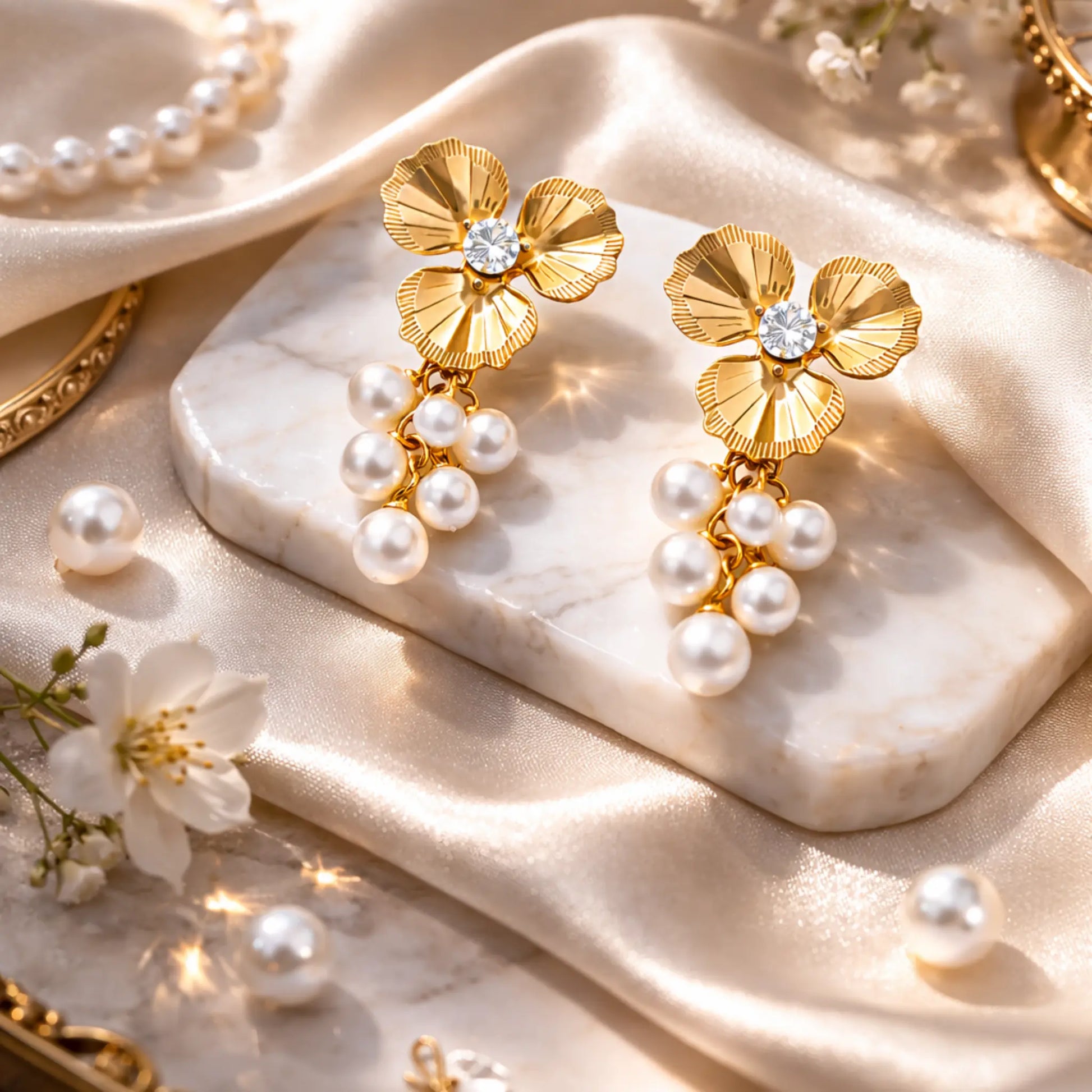 Gold floral earrings with pearls on a marble surface