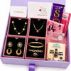 Gift set with jewelry, chocolate, and skincare products in a purple box.