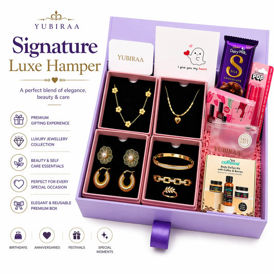 YUBIRAA Signature Luxe Hamper with jewelry and beauty products on a white background