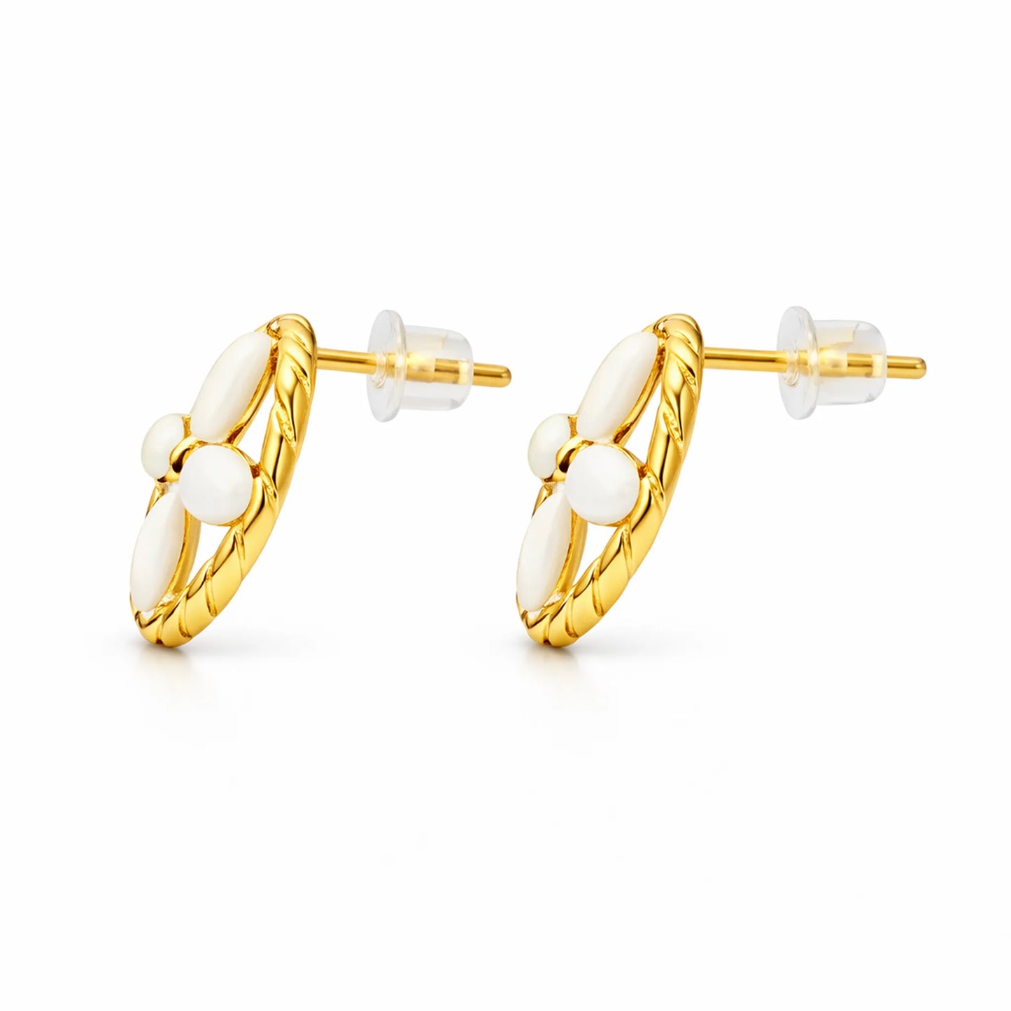 Gold plated floral stud earrings side view showing enamel detailing and is anti tarnish 