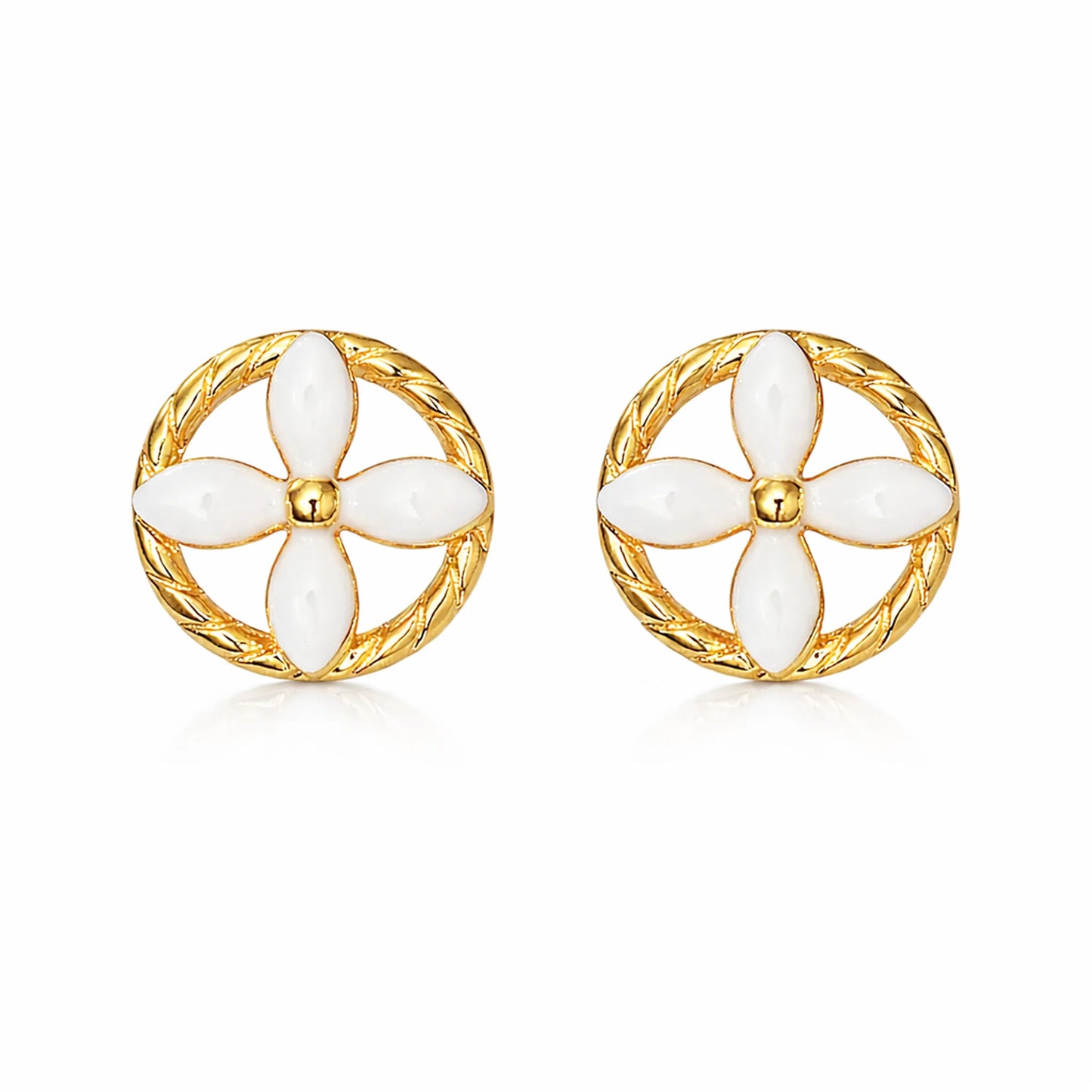 Gold plated floral stud earrings with white enamel petals, anti tarnish premium finish, front view on white background