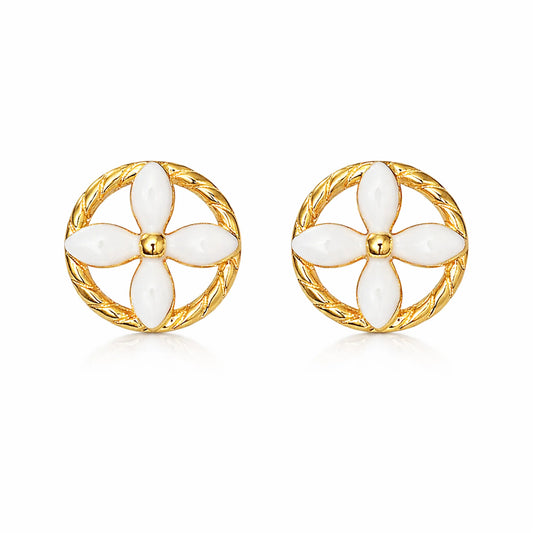 Gold plated floral stud earrings with white enamel petals, anti tarnish premium finish, front view on white background