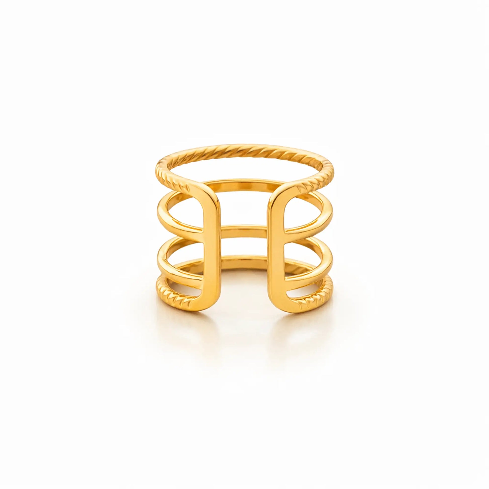 Back view of YUBIRAA adjustable gold stack ring with open band structure for flexible sizing