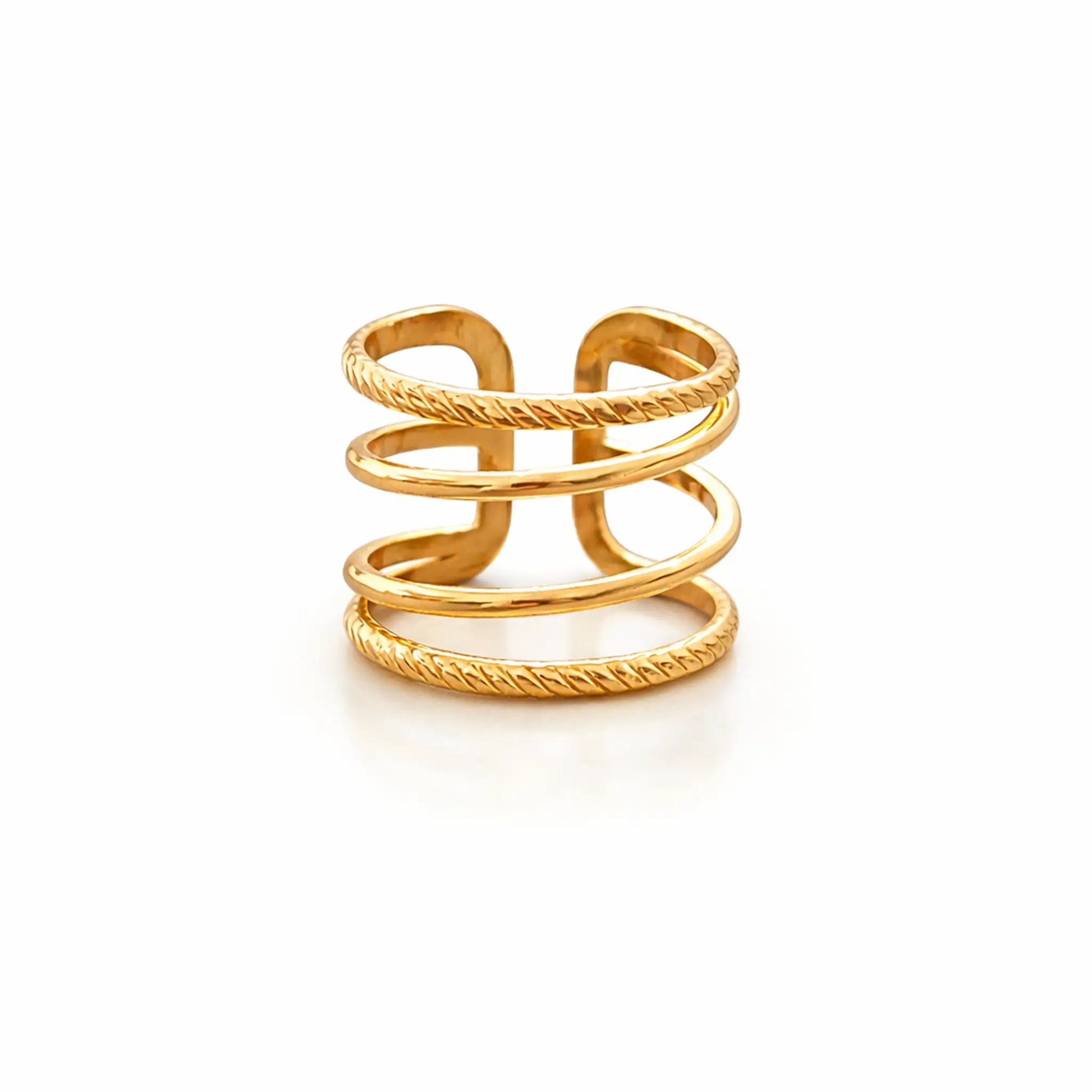 YUBIRAA adjustable gold stack ring with layered twisted and smooth bands, 18k gold plated anti-tarnish finish