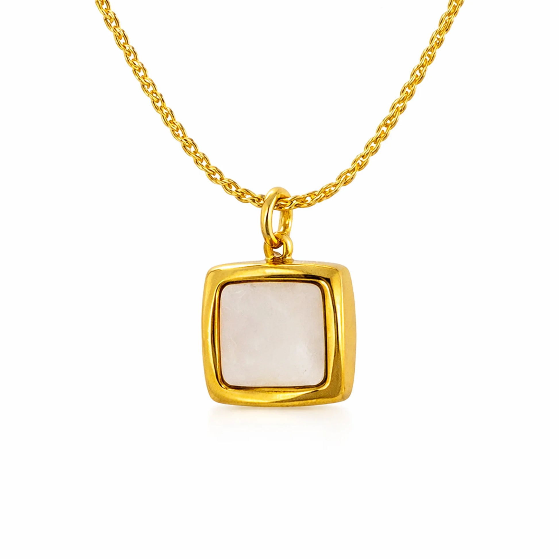 Gold necklace with a square pendant on a white background