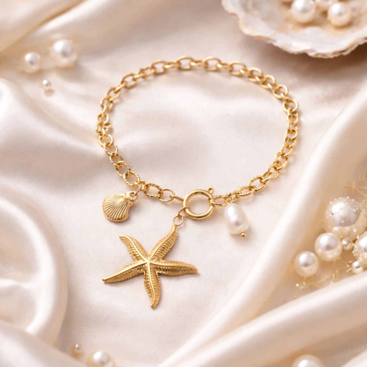 Gold bracelet with starfish and shell charms on a soft beige background