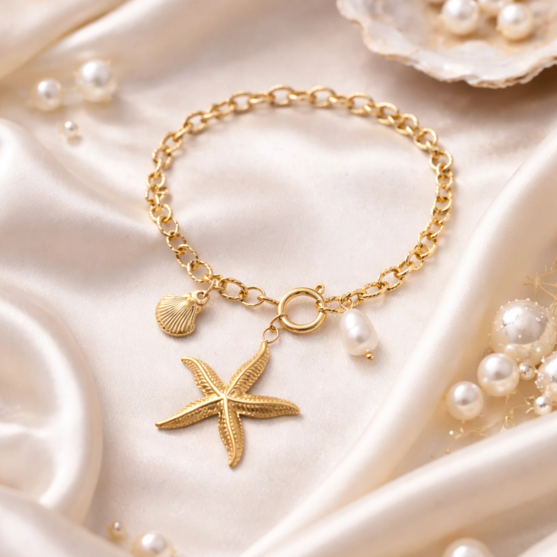 Gold bracelet with starfish and shell charms on a soft beige background