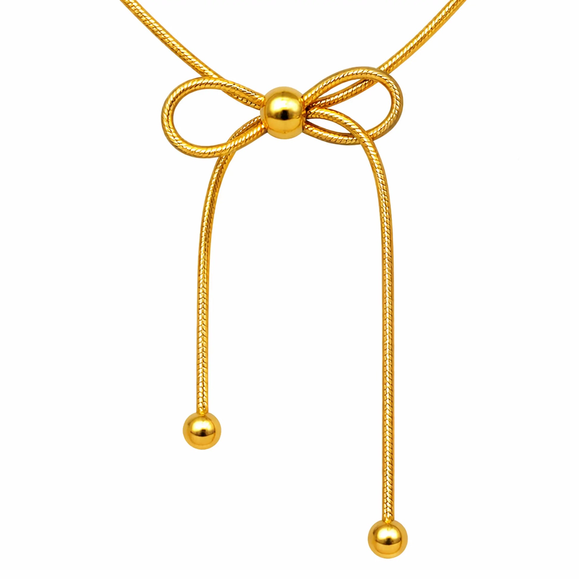 Minimal bow slider necklace crafted in anti tarnish gold plated stainless steel