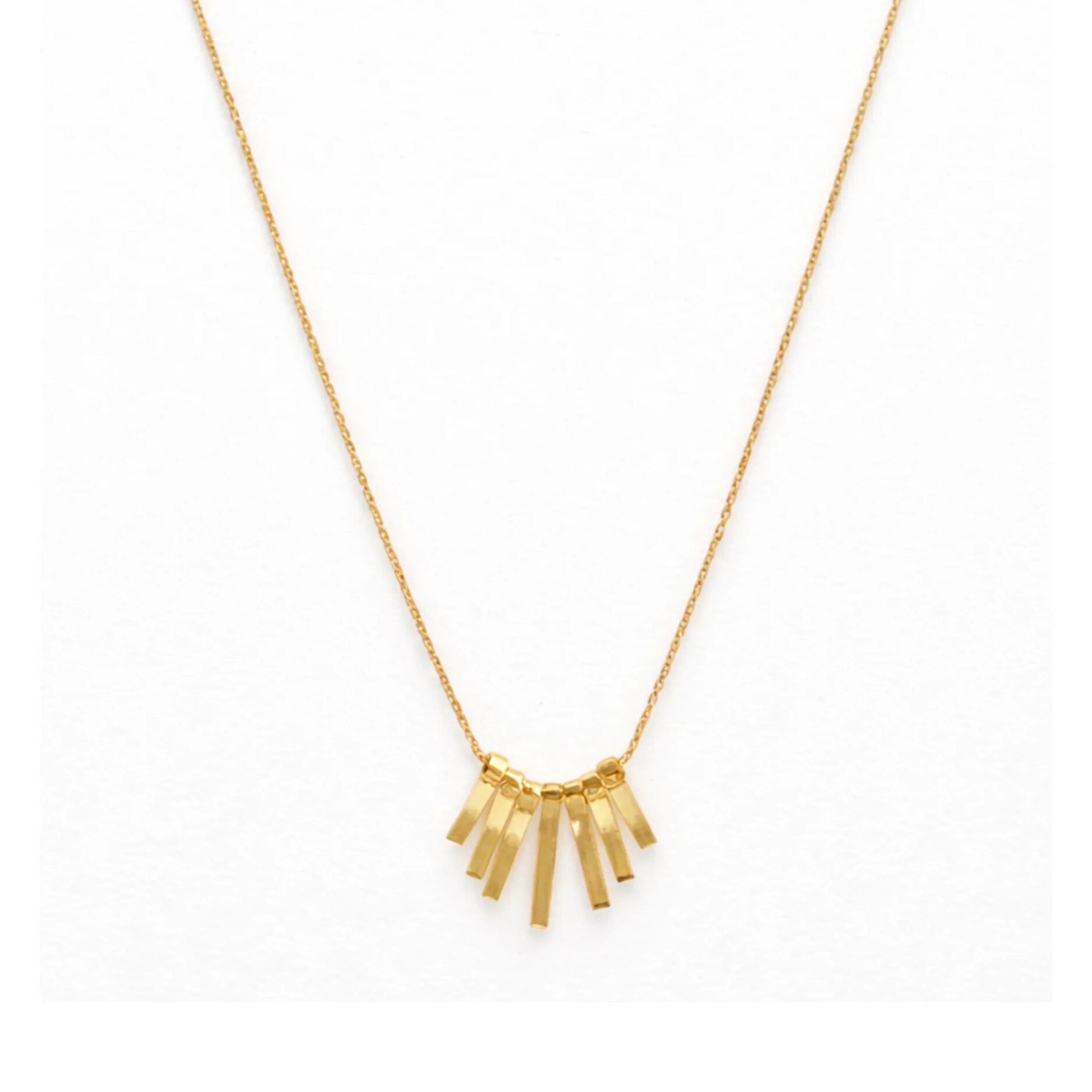 Gold plated anti tarnish minimalist bar pendant necklace with fine chain on white background