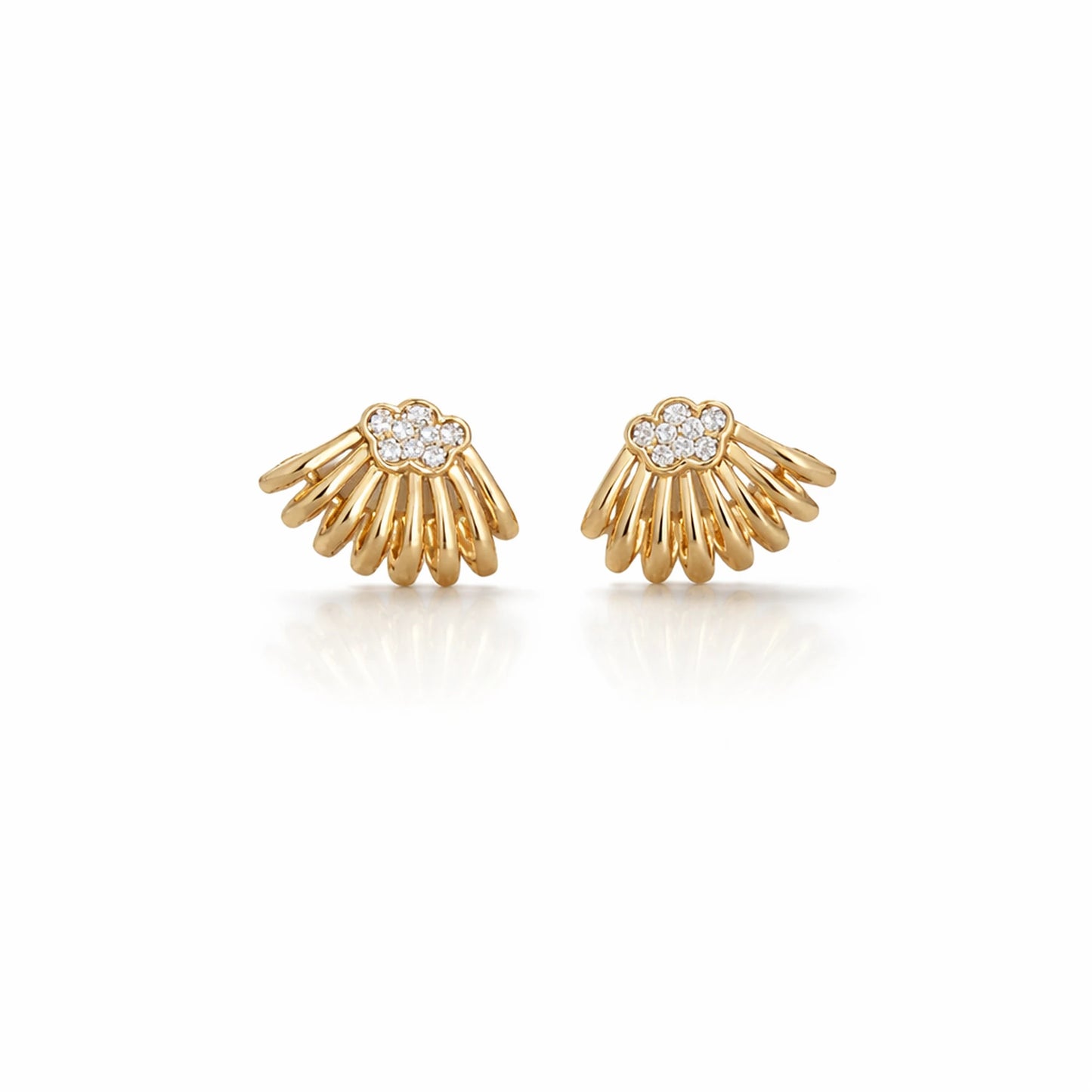 Gold shell-shaped stud earrings front view with fan-shaped design and crystal accents on white background